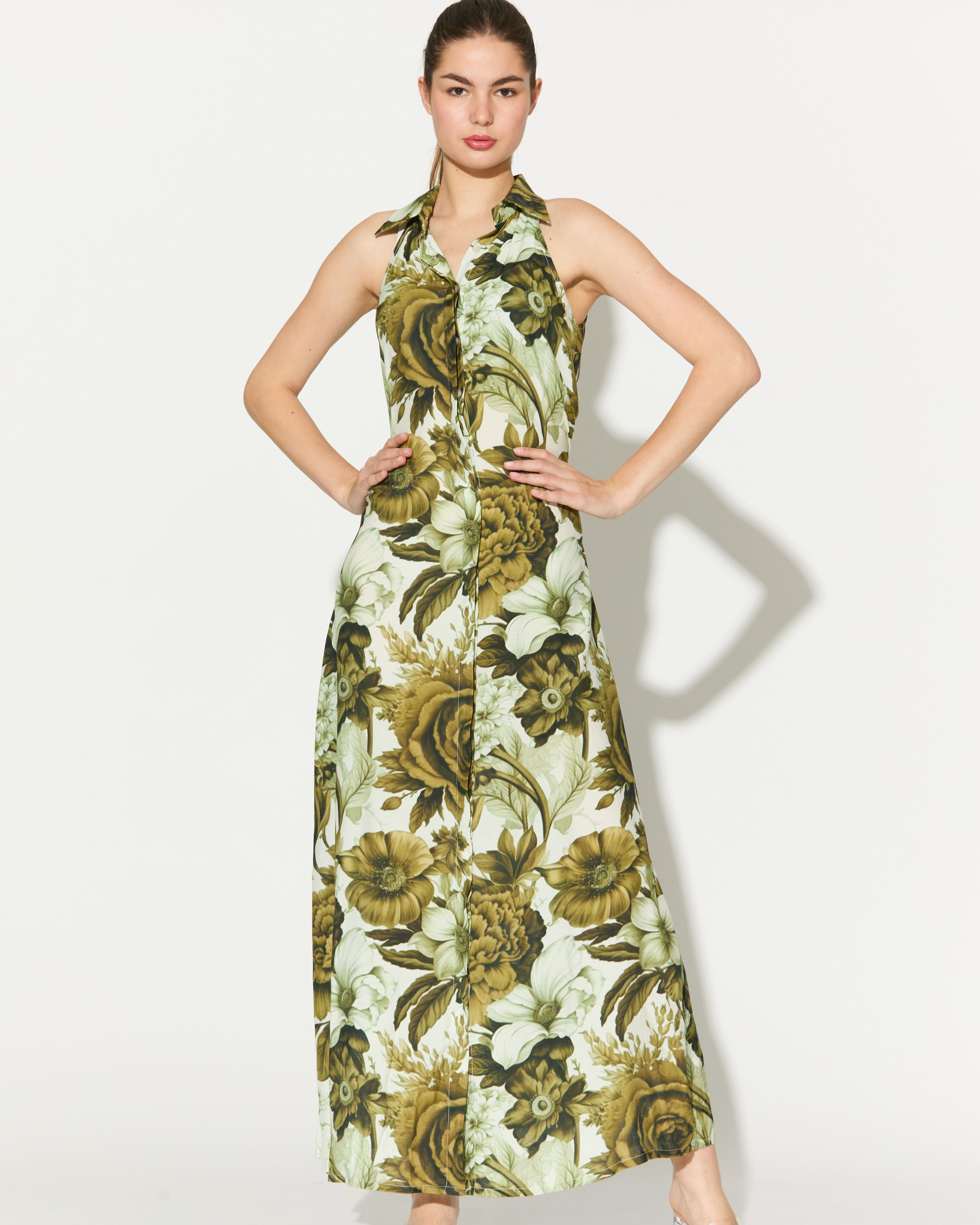 CREAM AND OLIVE FLORAL SLEEVELESS SHIRT DRESS