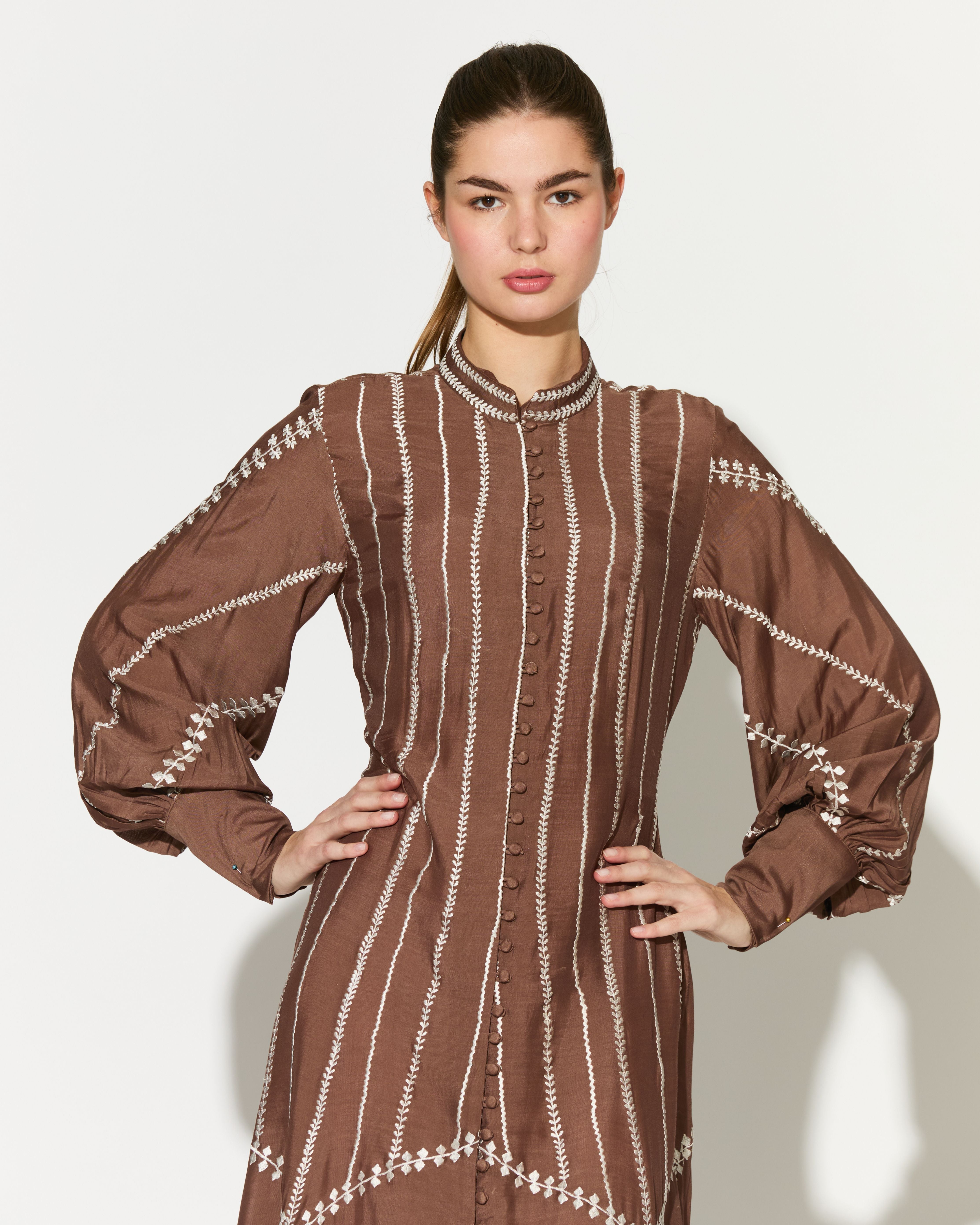 BROWN EMBROIDERED SHIRT DRESS