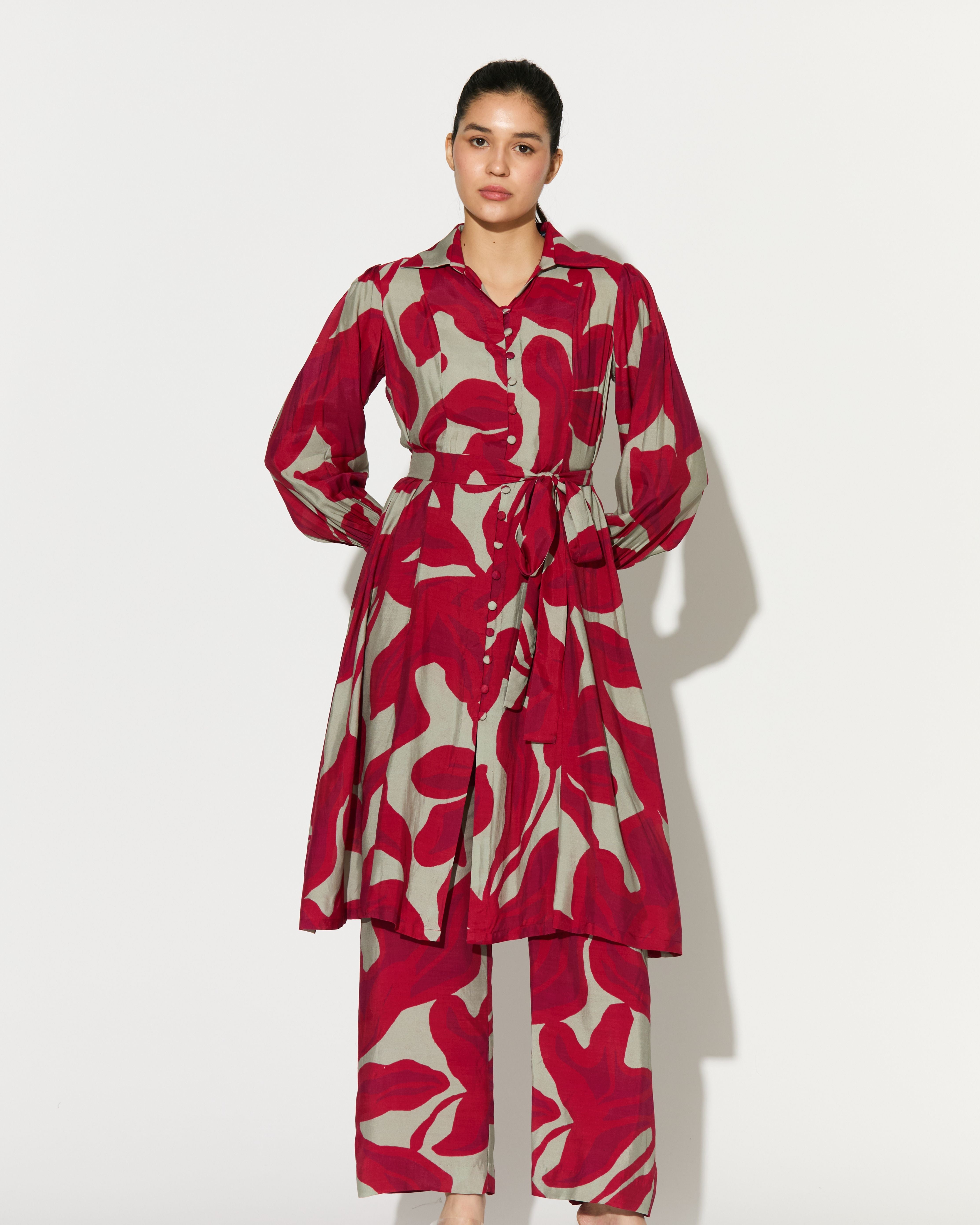 BEIGE AND HOT PINK FLORAL LONG SHIRT