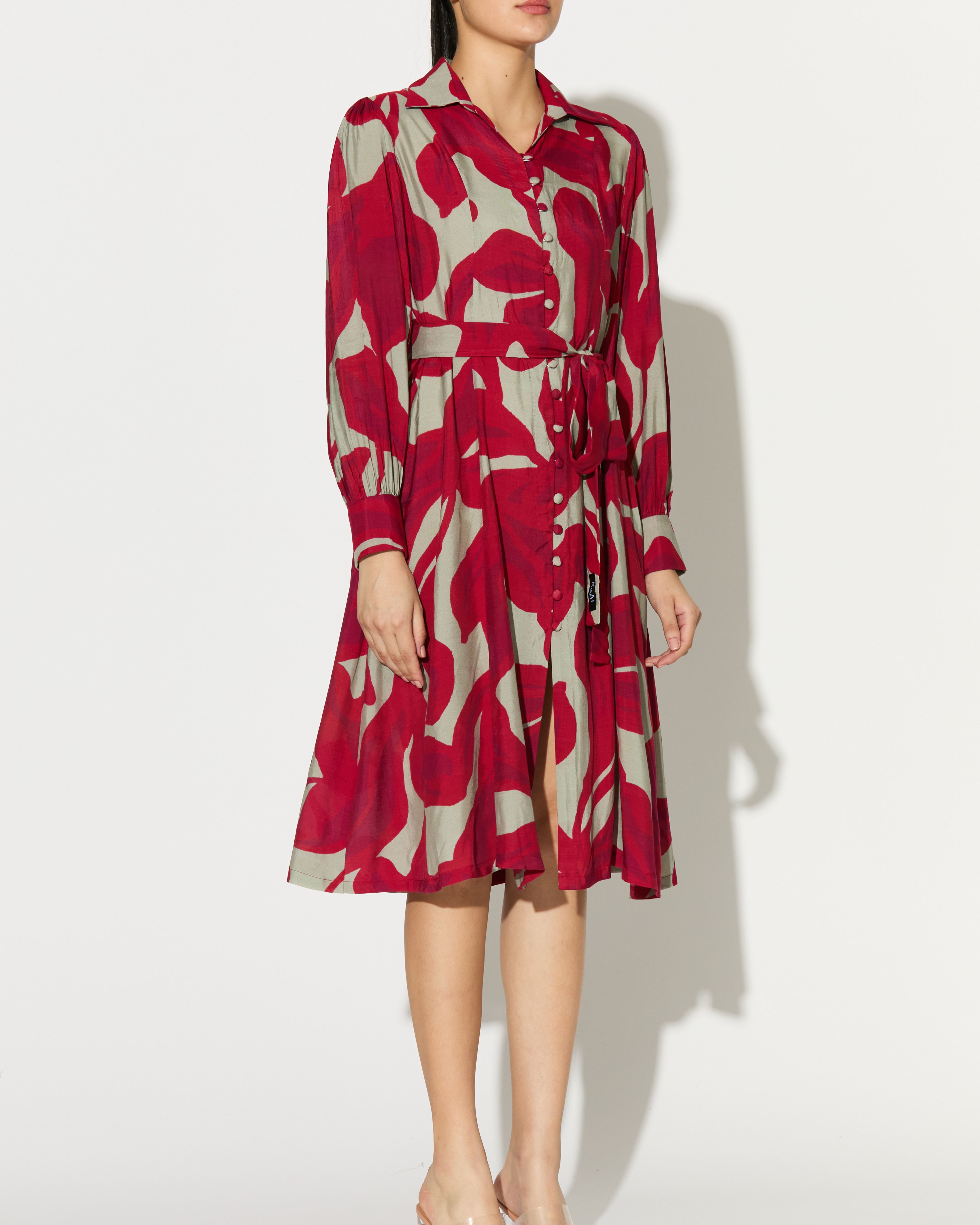 BEIGE AND HOT PINK FLORAL SHIRT DRESS