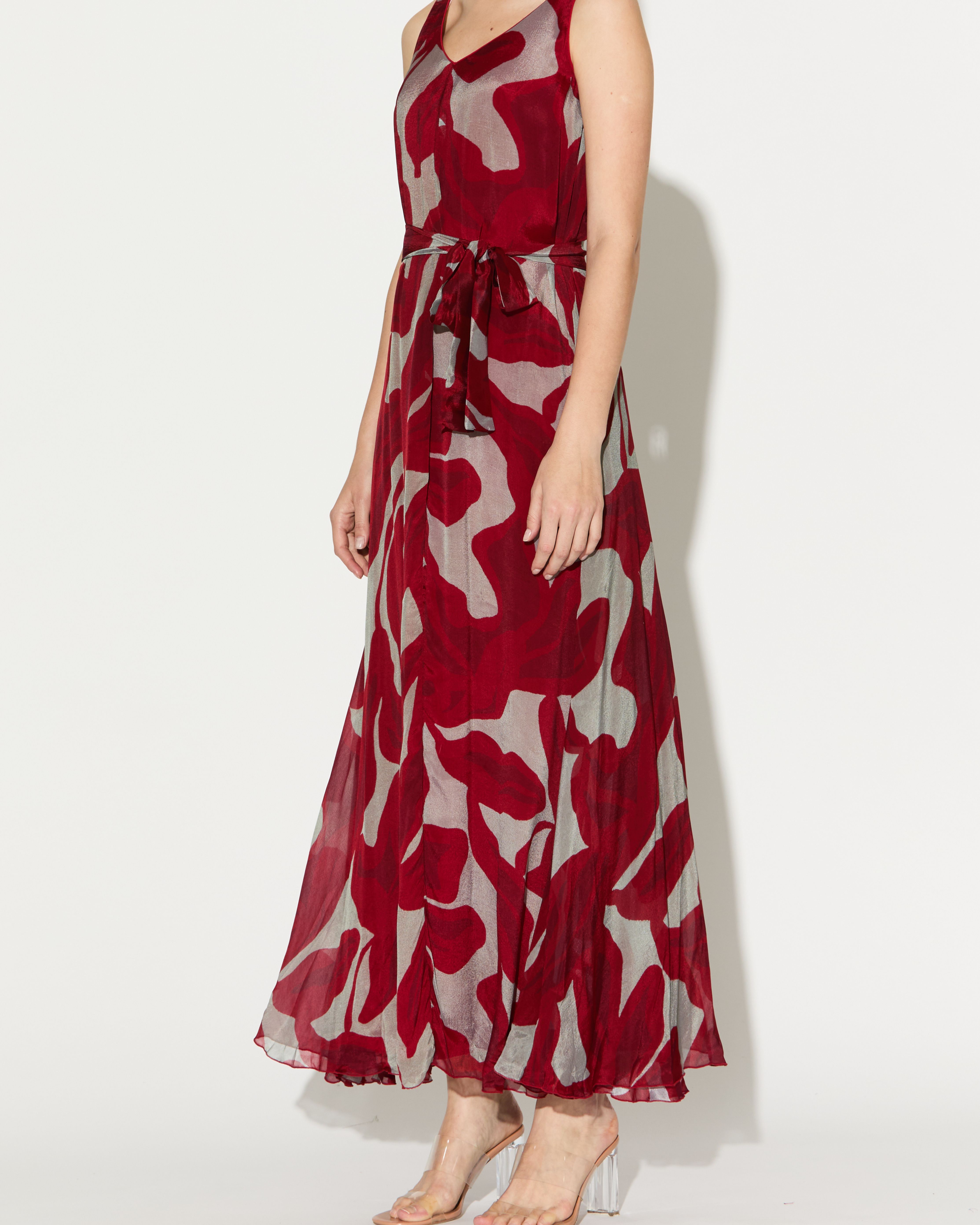 BEIGE AND HOT PINK FLORAL SLEEVELESS LONG DRESS