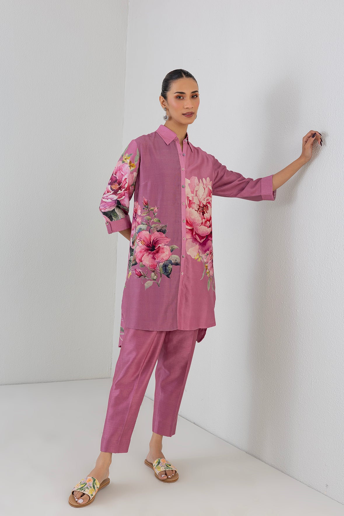Blush Pink Silk Chanderi Peony Flower Printed Shirt
