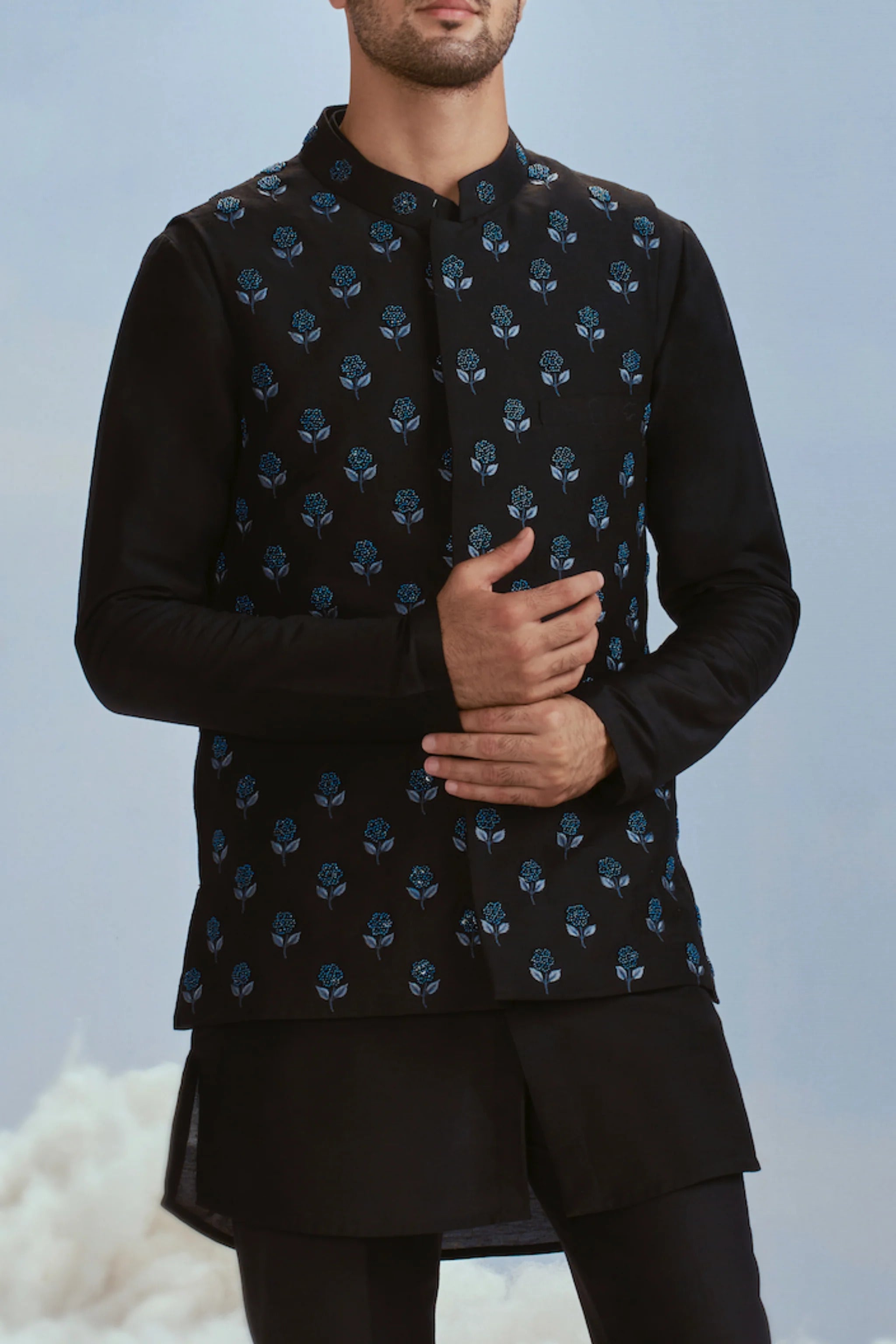 Black Nawab Pearl Boota Bundi Kurta Set