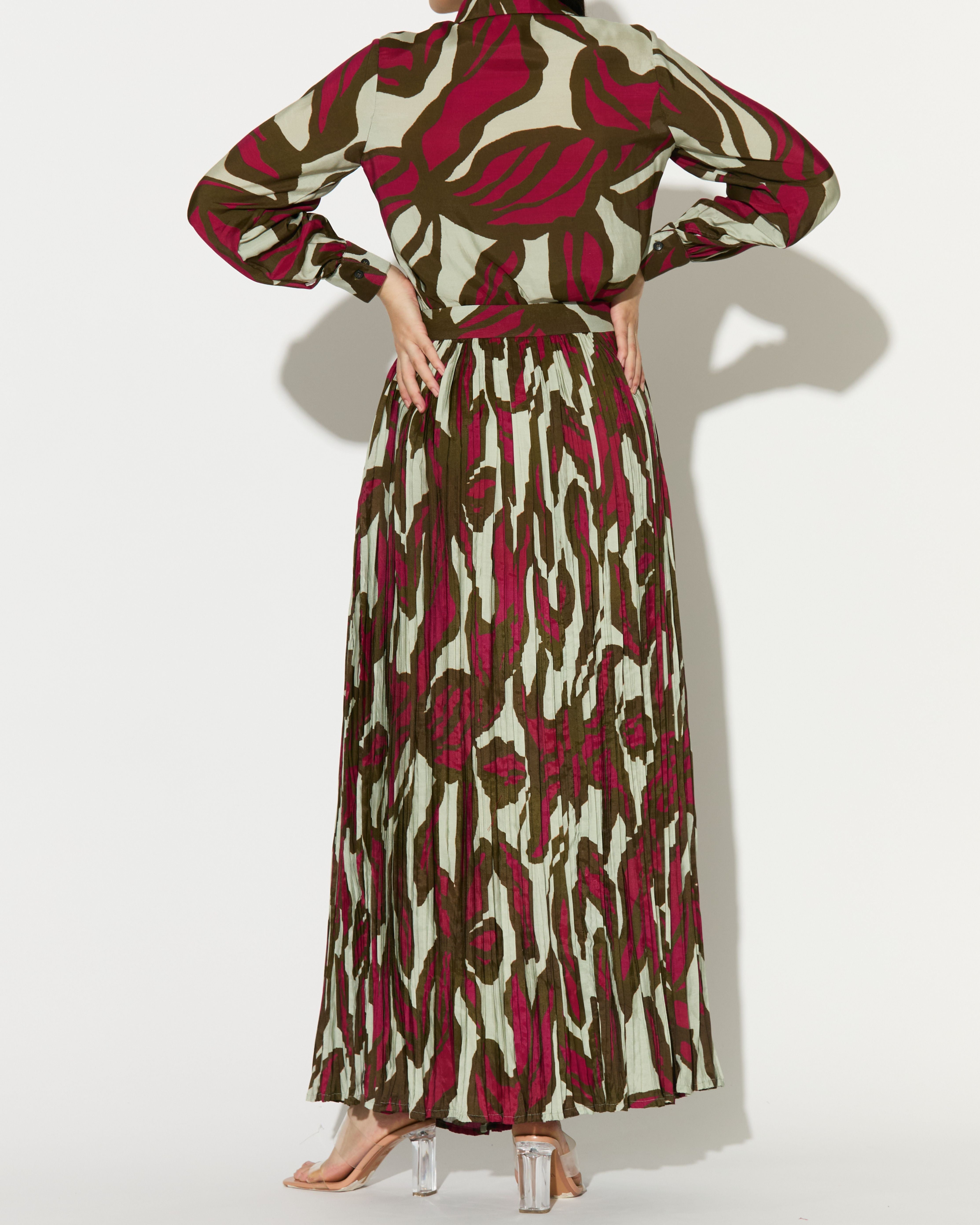 BEIGE, PINK AND GREEN FLORAL CRNKLED SKIRT