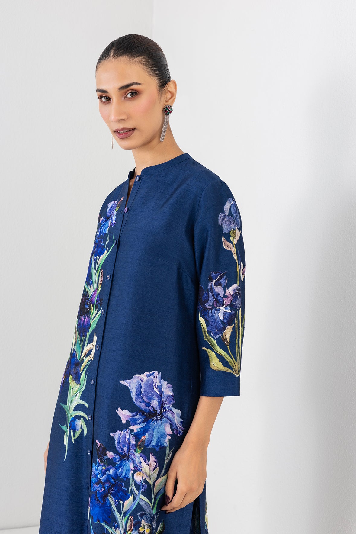 Blue Lagoon Dupion Floral Buta Printed Tunic