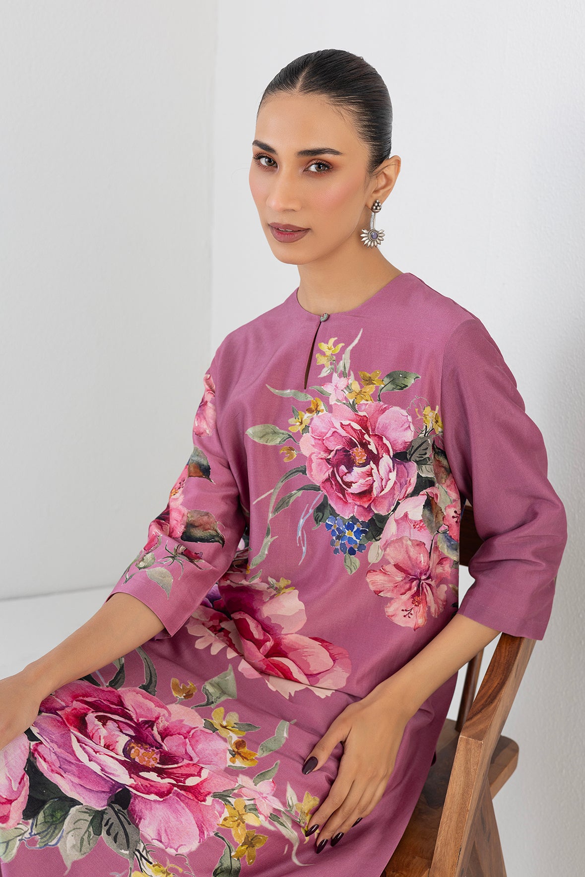 Fuchsia Pink Silk Chanderi Peony Flower Printed Tunic