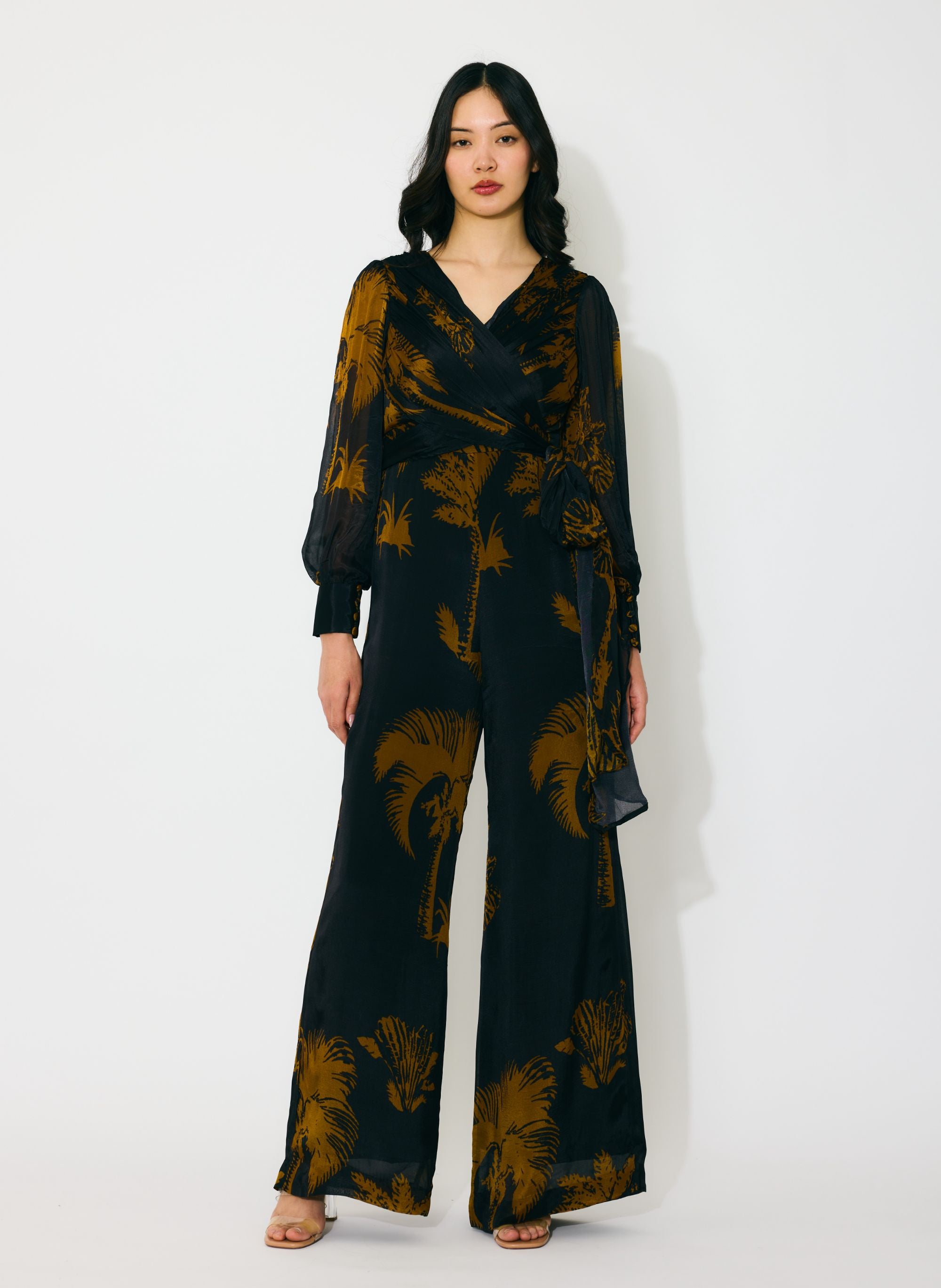 BLACK AND GOLD FLORAL WRAP JUMPSUIT