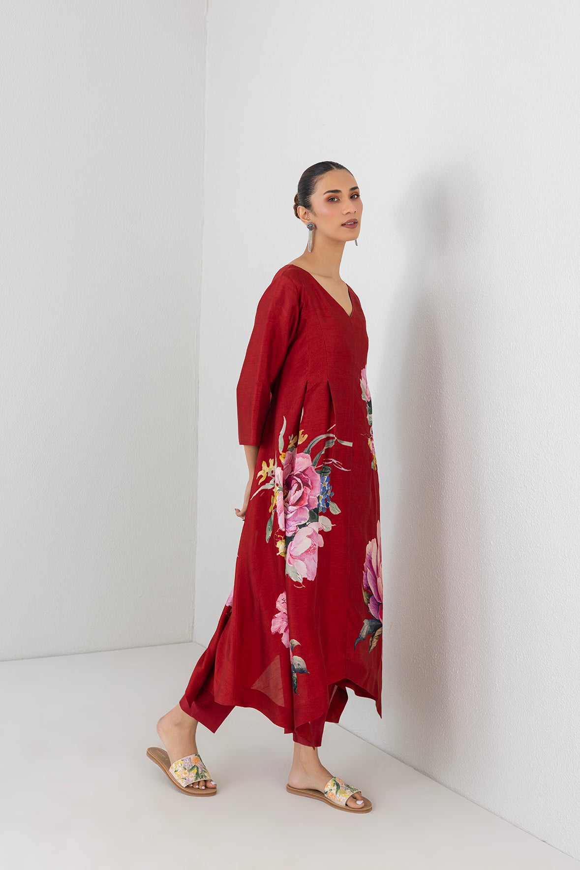 Crimson Flame Red Dupion China Rose Printed Dress