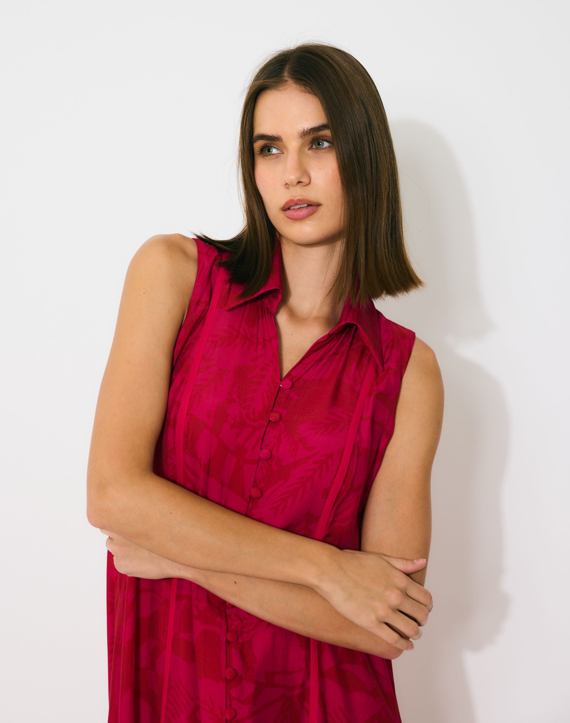 HOT PINK AND RED SLEEVELESS SHIRT DRESS