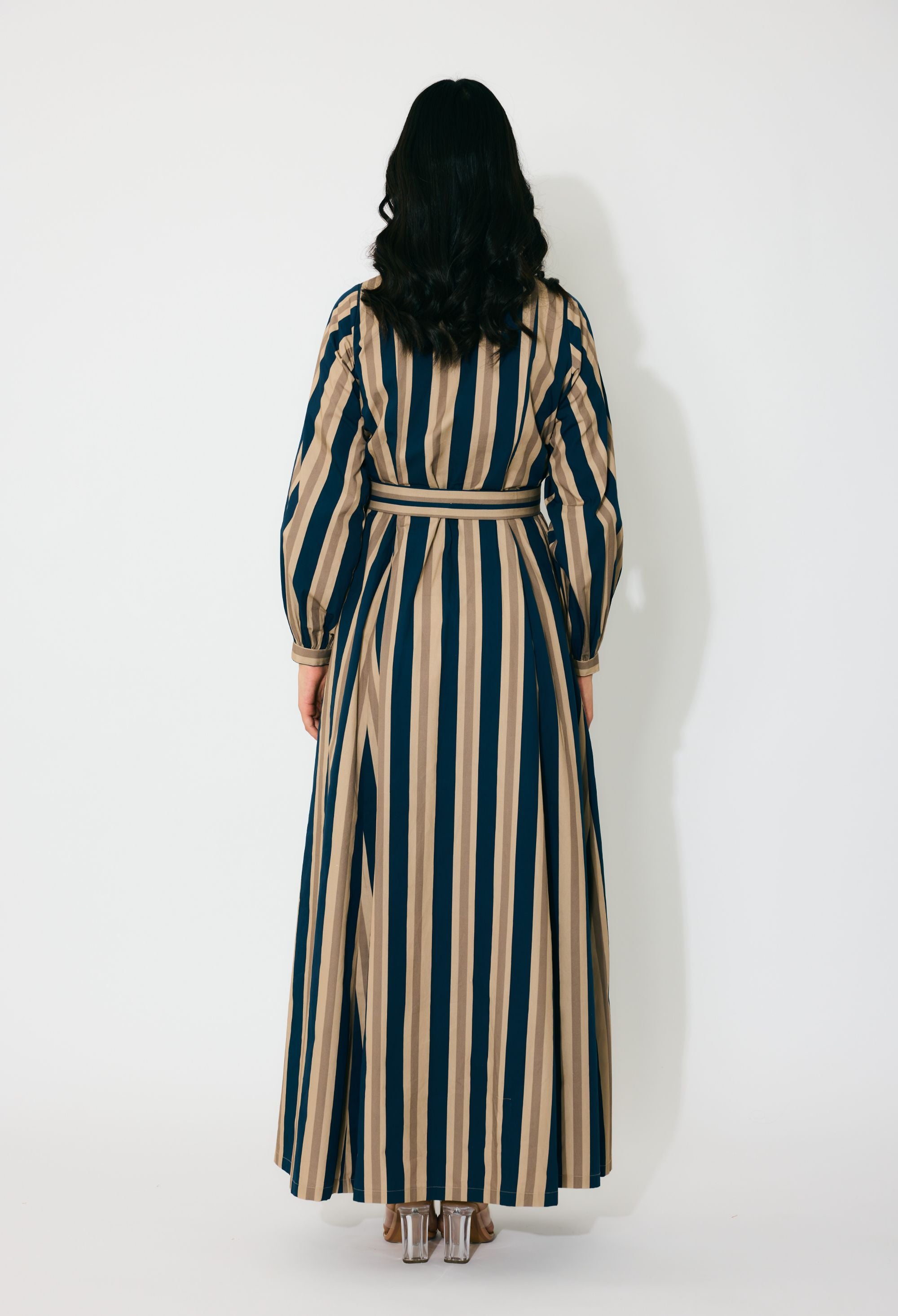 DARK BLUE,BEIGE AND WHITE STRIPE SHIRT DRESS