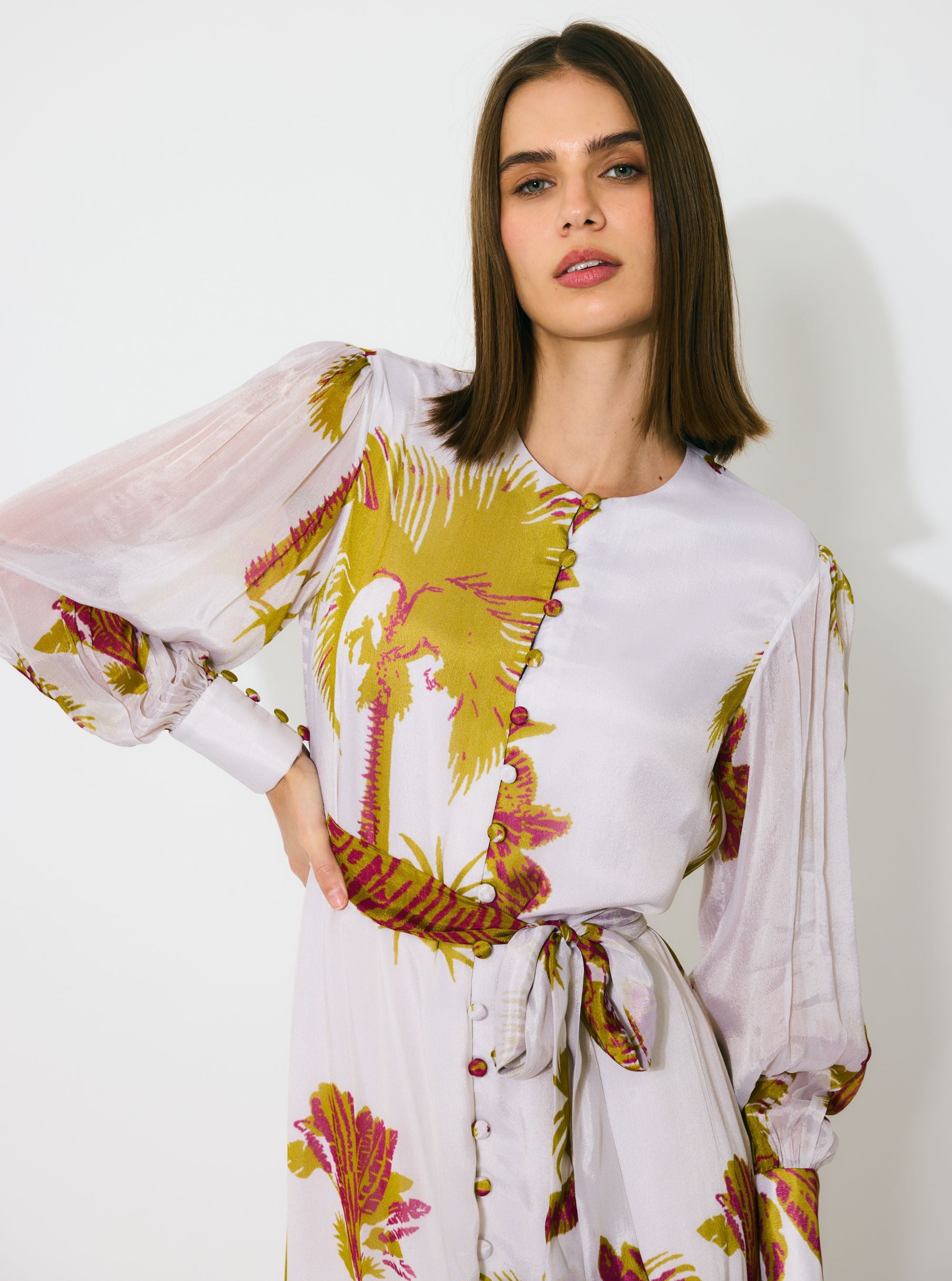 BEIGE, MUSTARD AND HOT PINK FLORAL LONG DRESS