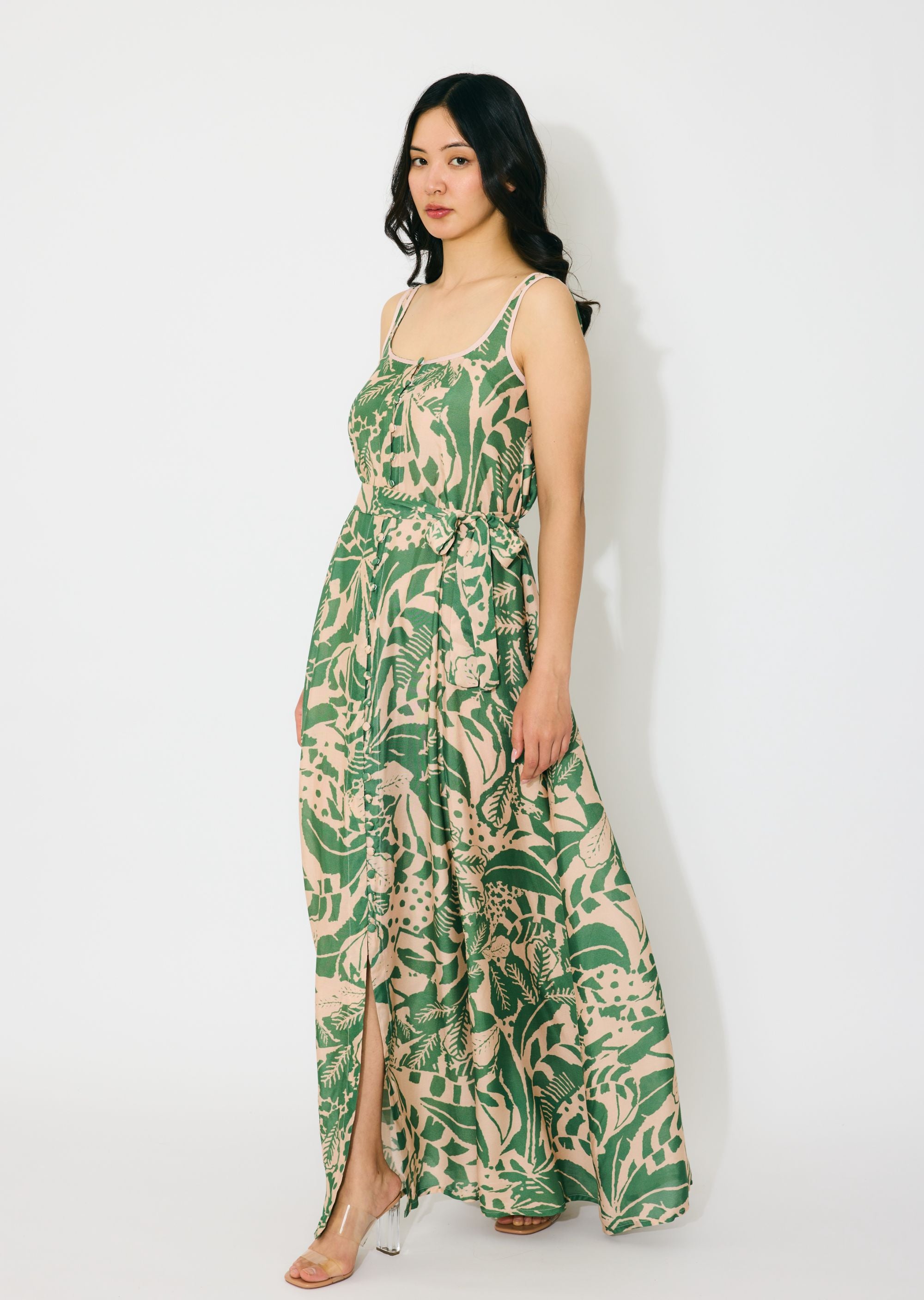 PEACH AND GREEN SLEEVELESS LONG DRESS