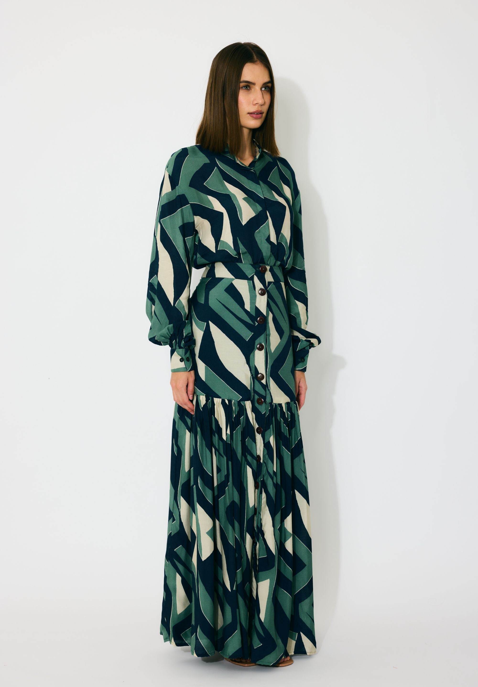 GREEN, INDIGO AND CREAM PATTERN SKIRT