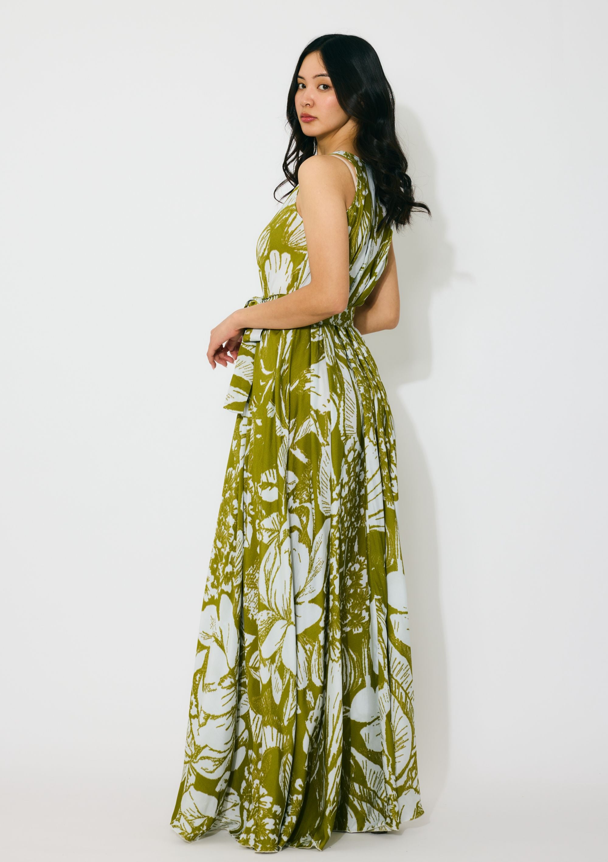 LEAF GREEN AND WHITE FLORAL SLEEVELESS LONG DRESS