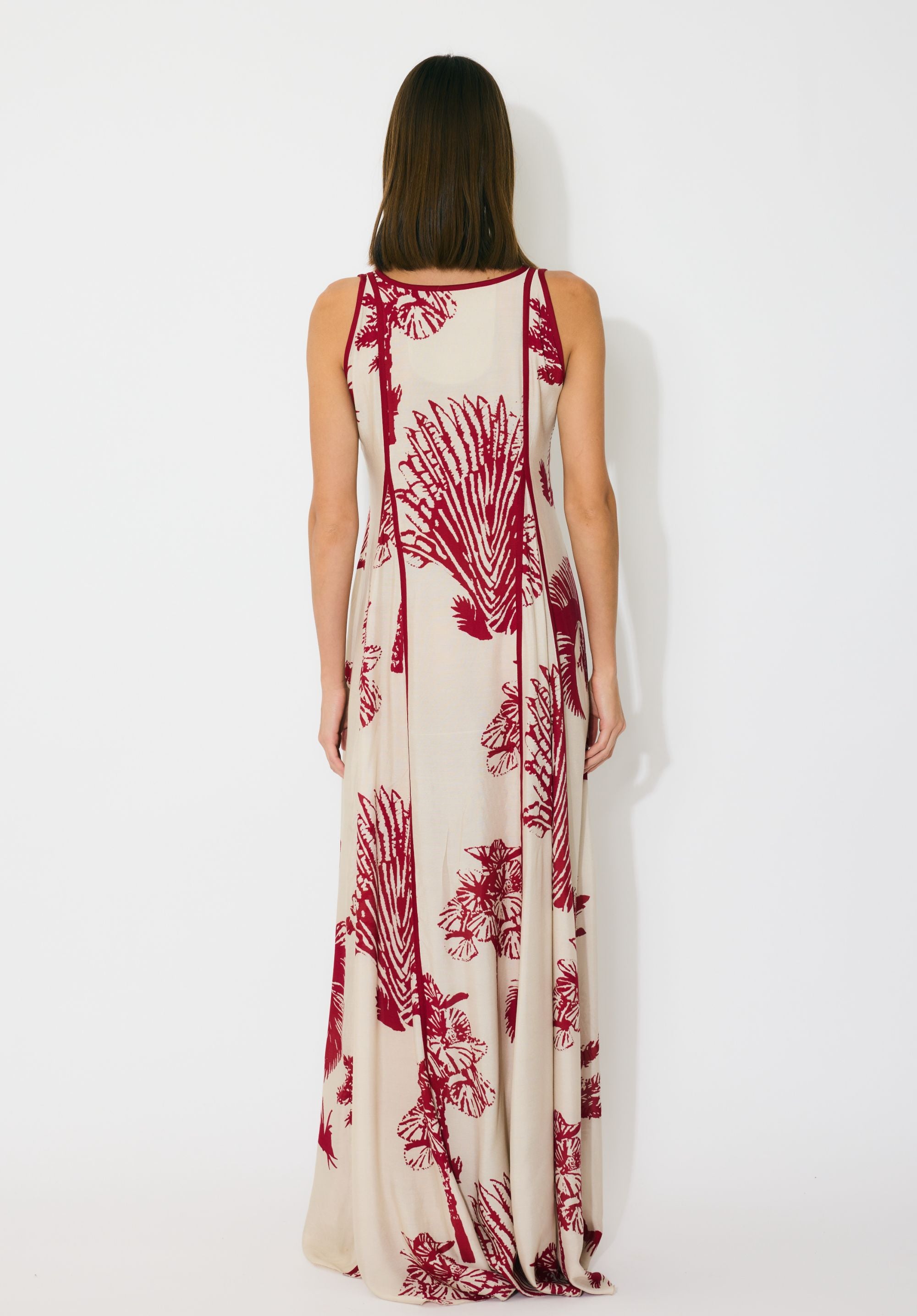 BEIGE AND RED FLORAL SLEEVELESS LONG DRESS