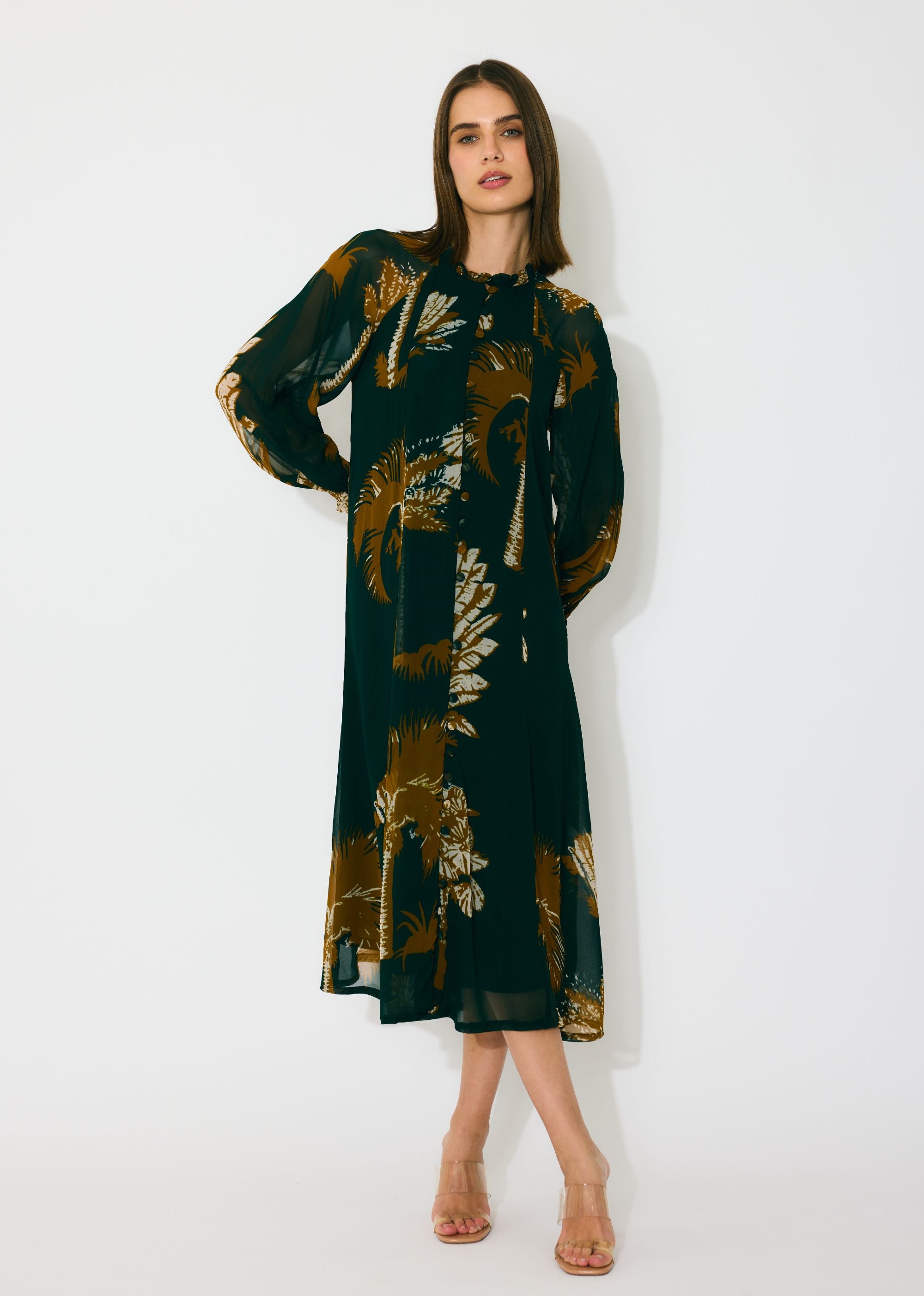 DARK GREEN AND MUSTARD FLORAL MIDI DRESS