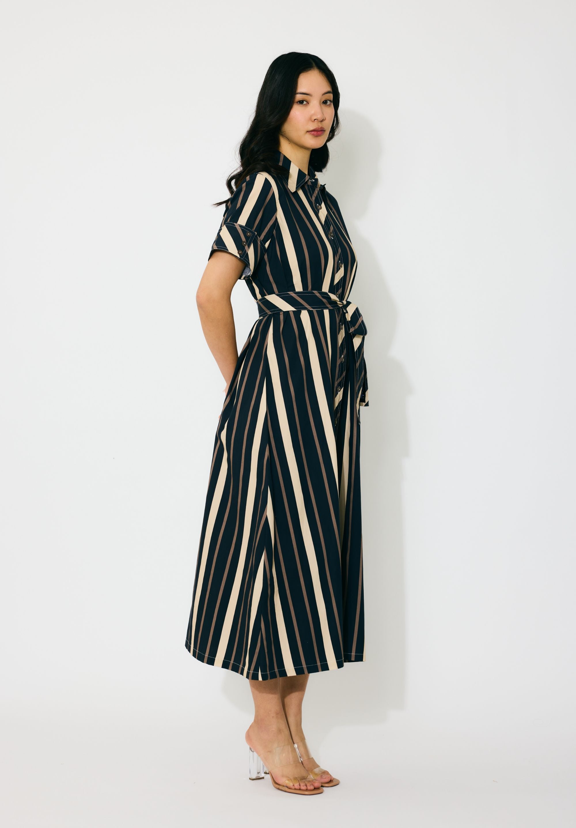 DARK BLUE AND BEIGE STRIPE SHIRT DRESS