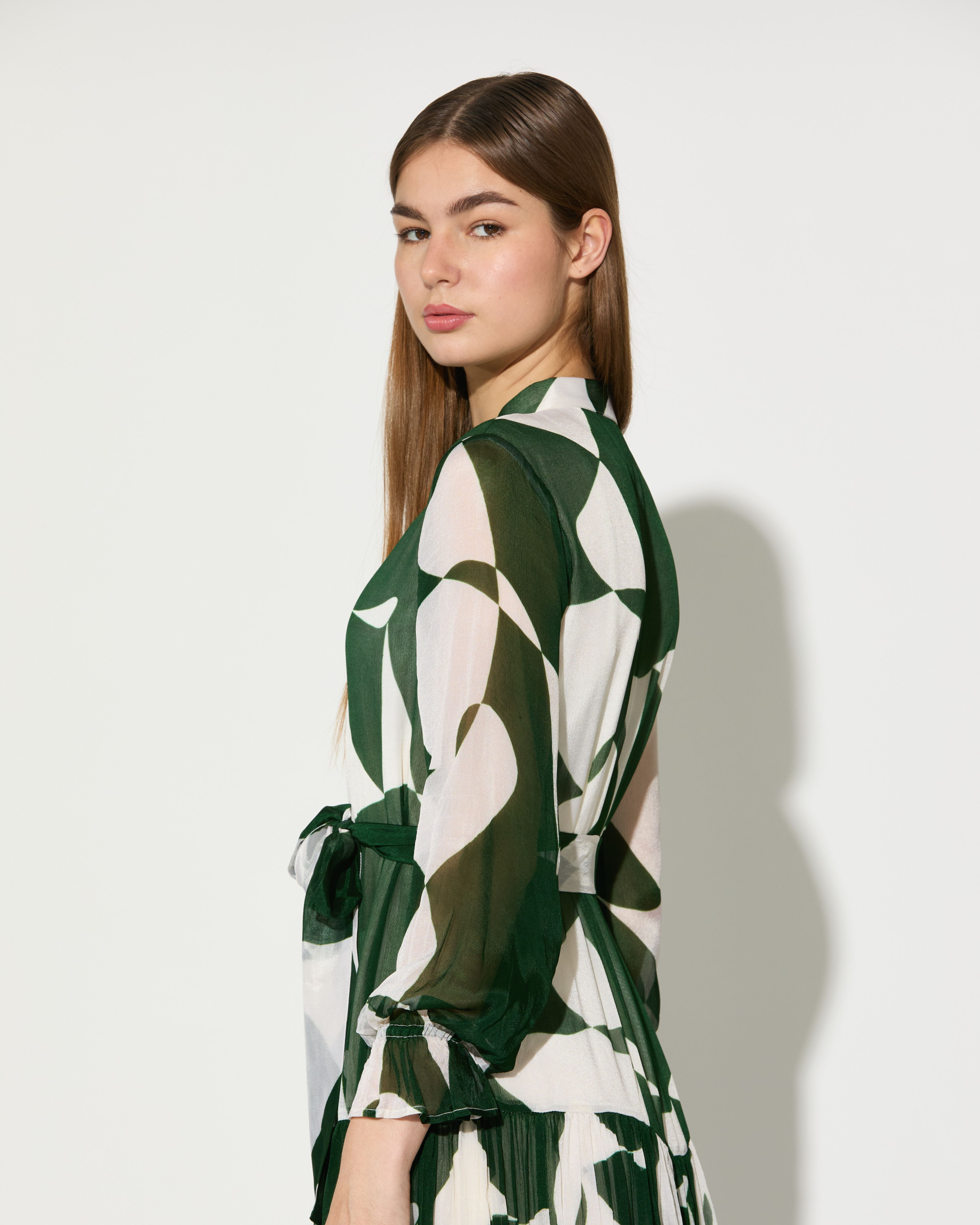 GREEN AND WHITE ABSTRACT LONG DRESS
