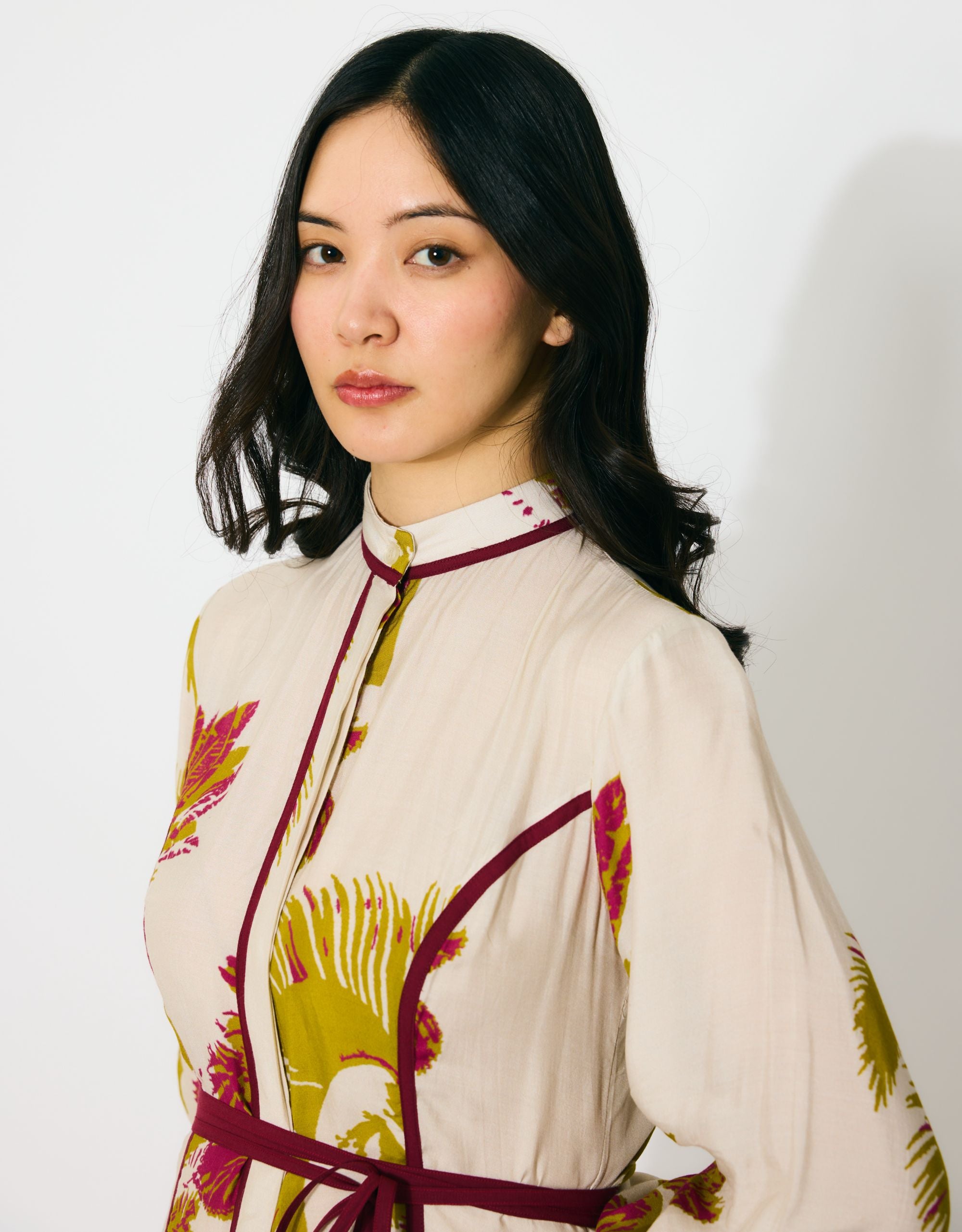 BEIGE, MUSTARD AND HOT PINK FLORAL SHIRT DRESS