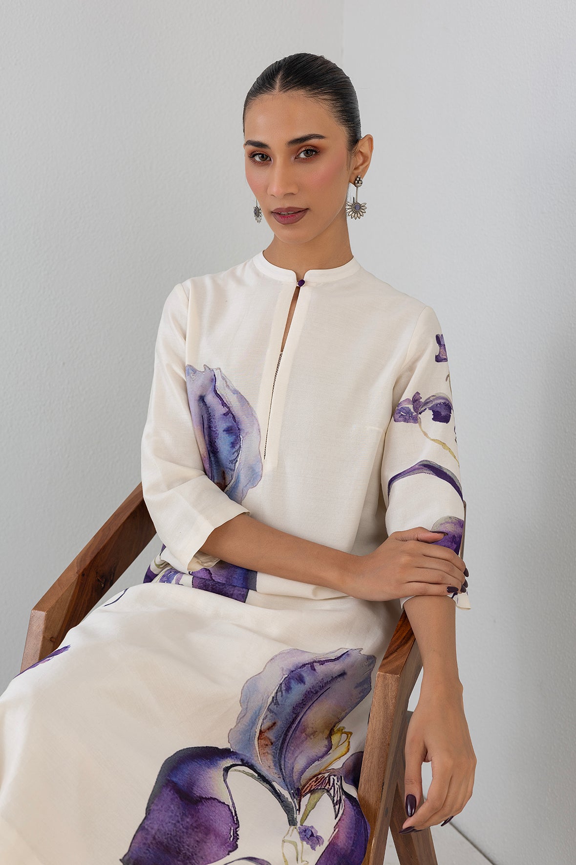 Dove Mist Silk Chanderi Iris Lily Printed Tunic