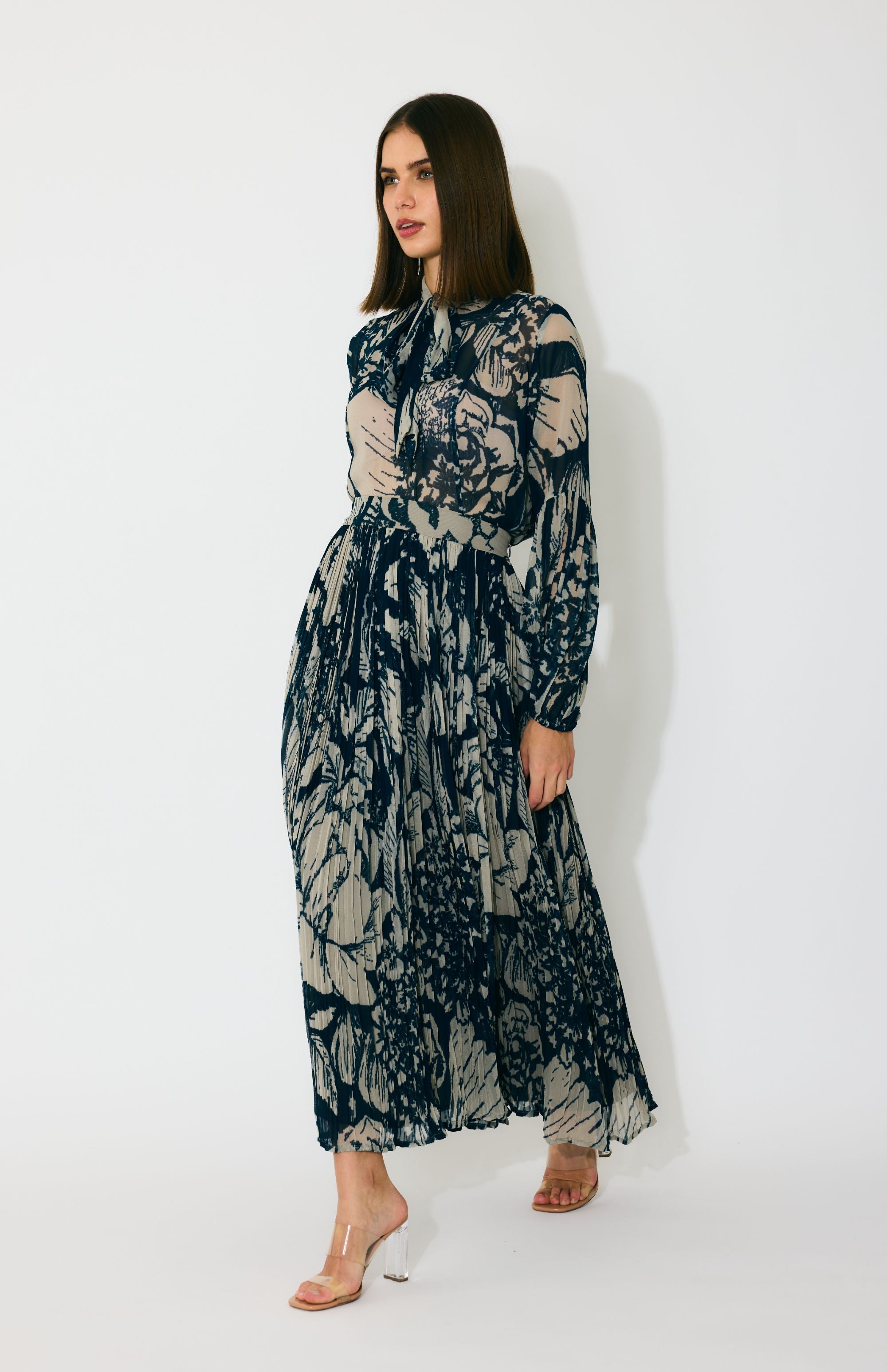 BLUE AND BEIGE FLORAL CRINKLED SKIRT