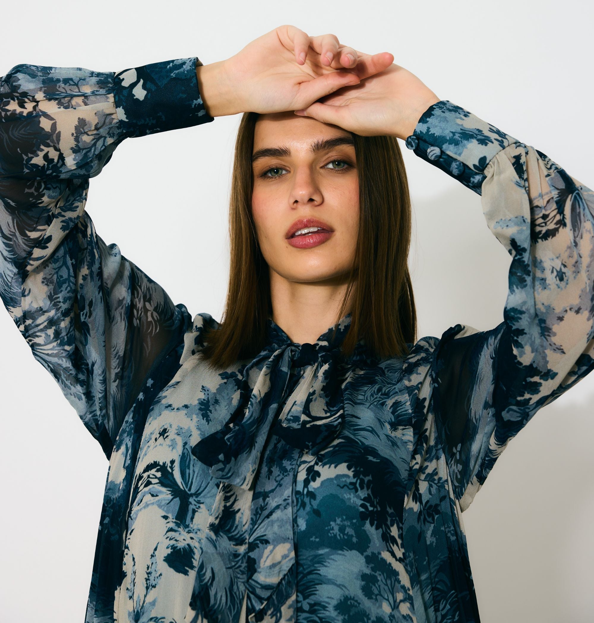 BLUE, INDIGO AND BEIGE TOILE PRINT LONG DRESS