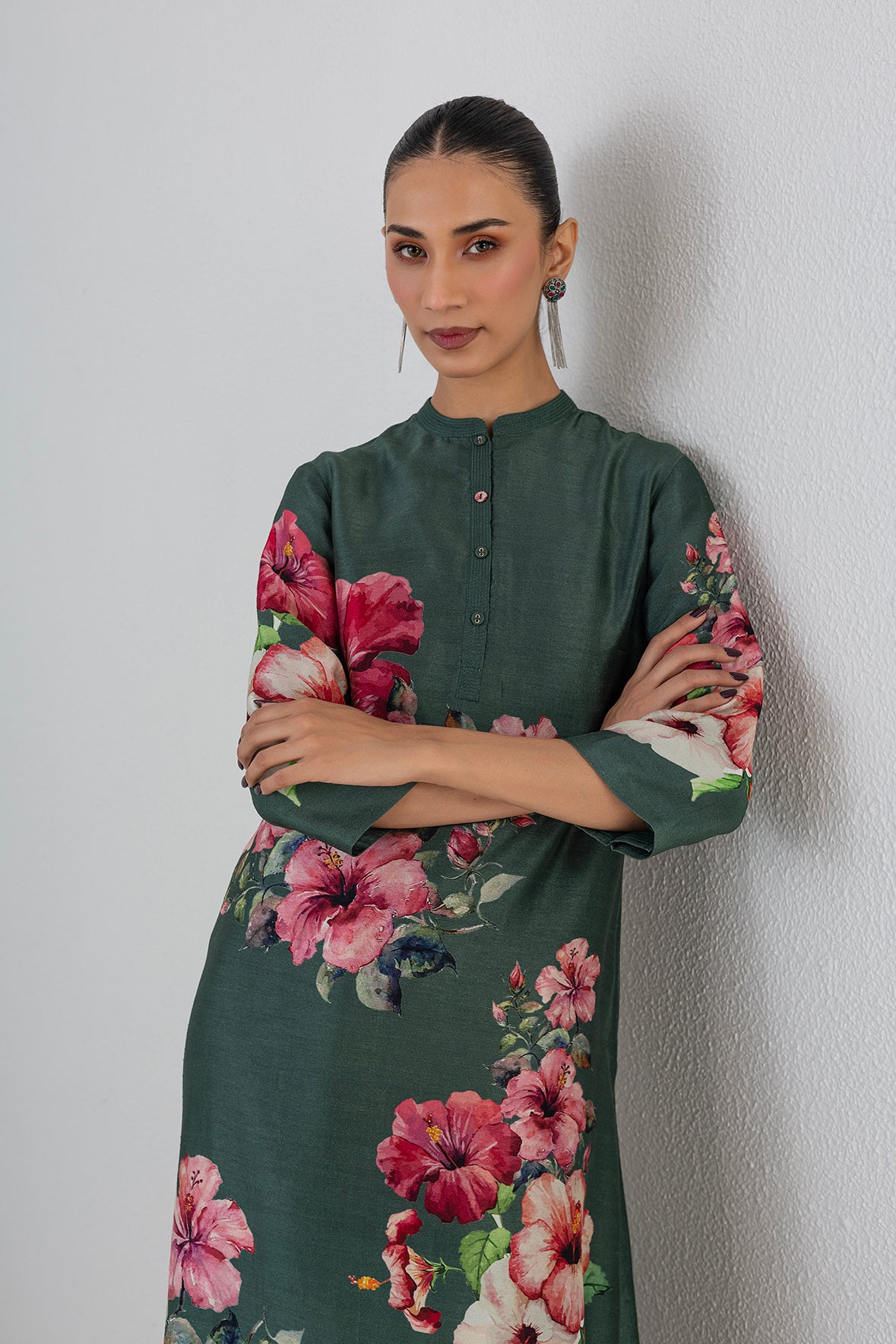 Minted Sage Dupion Hibiscus Printed Dress