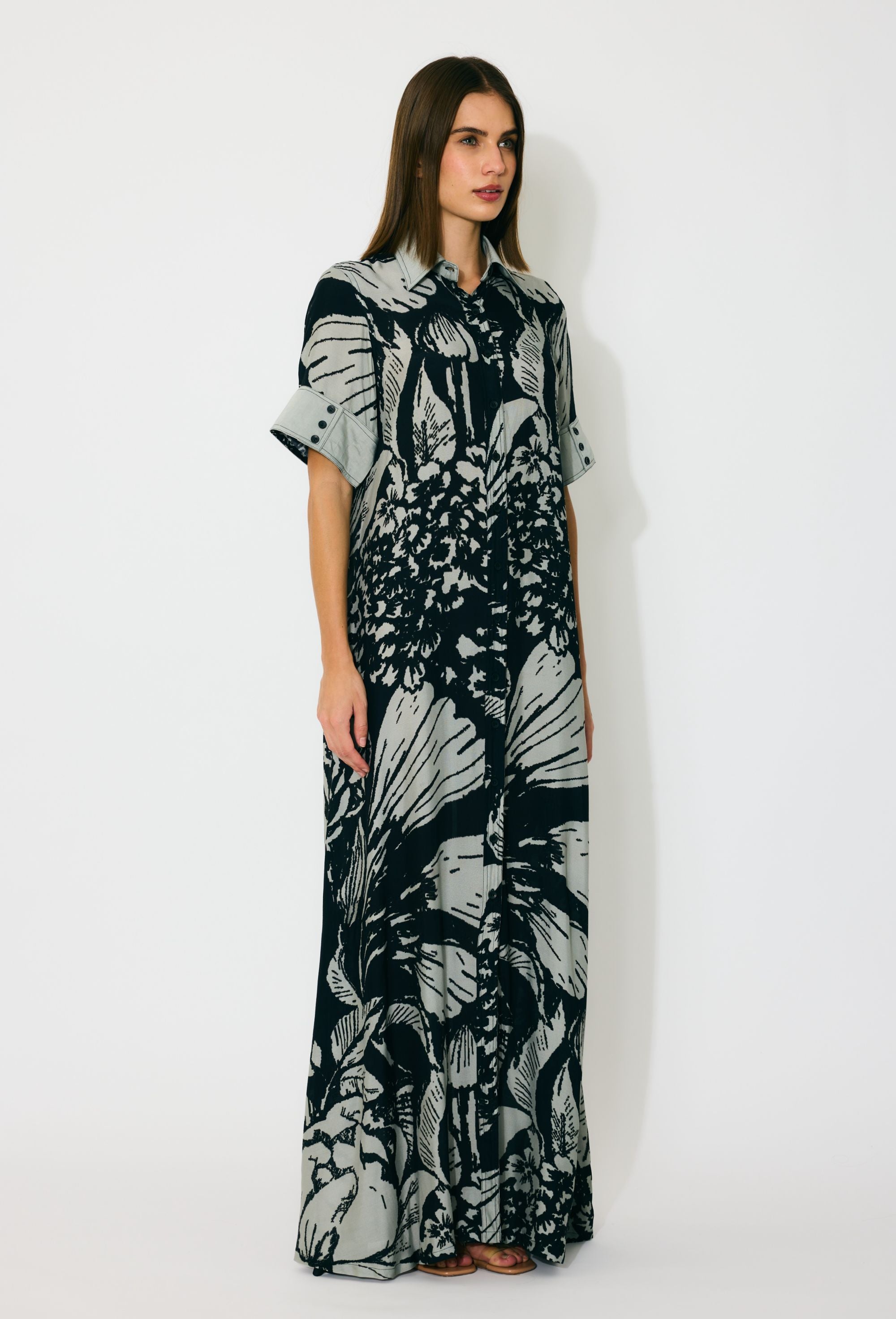 GREY AND BLACK FLORAL SHIRT DRESS