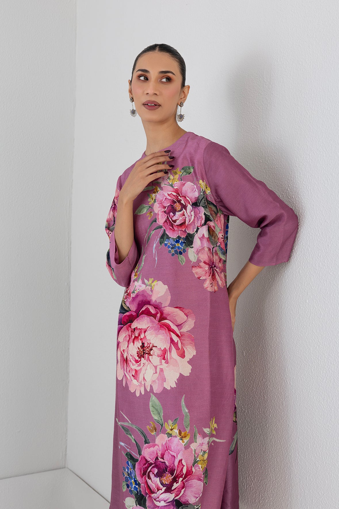 Fuchsia Pink Dupion Peony Flower Printed Shirt
