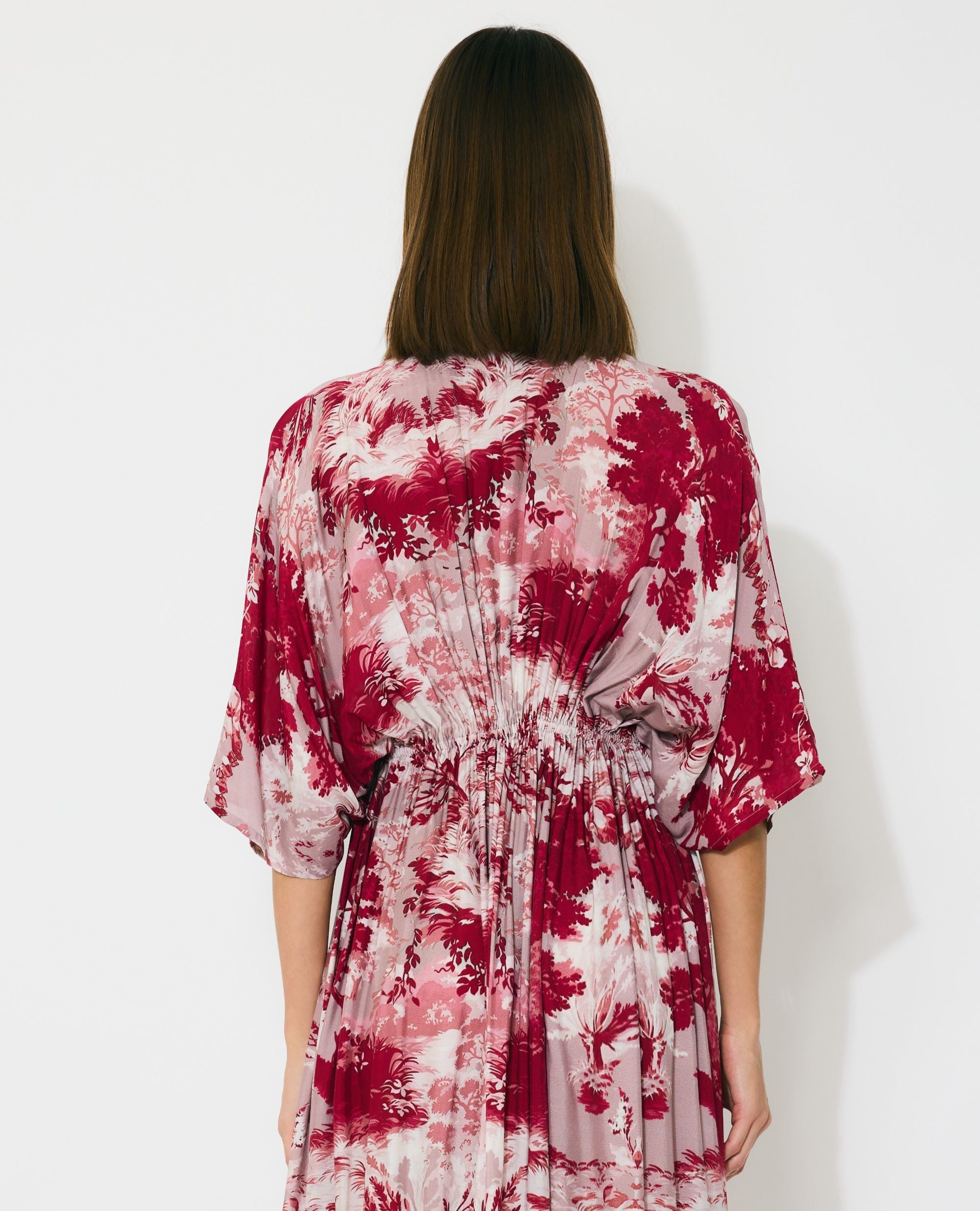 PEACH, RED AND CREAM TOILE PRINT KAFTAN DRESS