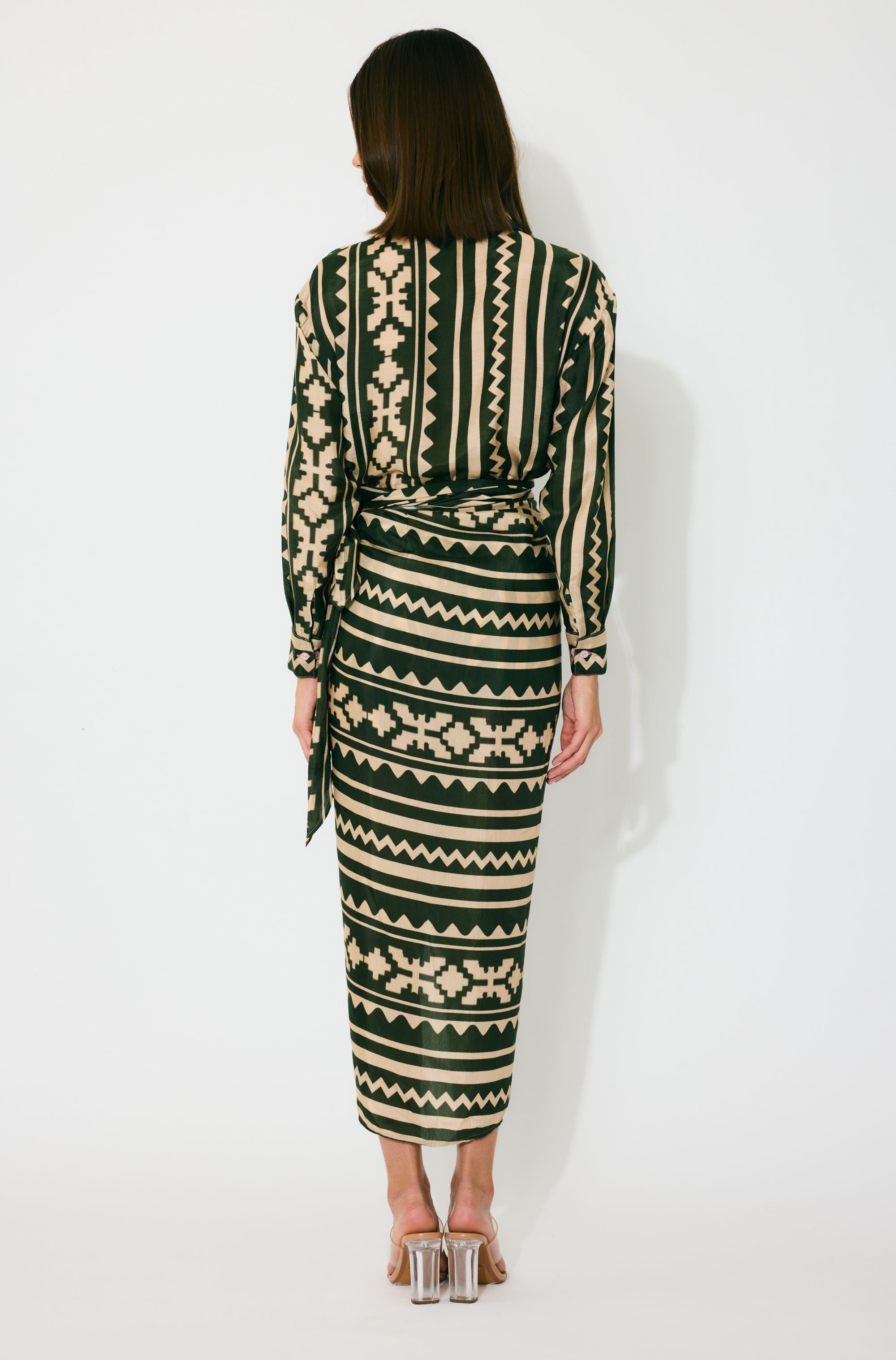 DARK GREEN AND CREAM PATTERN WRAP SKIRT