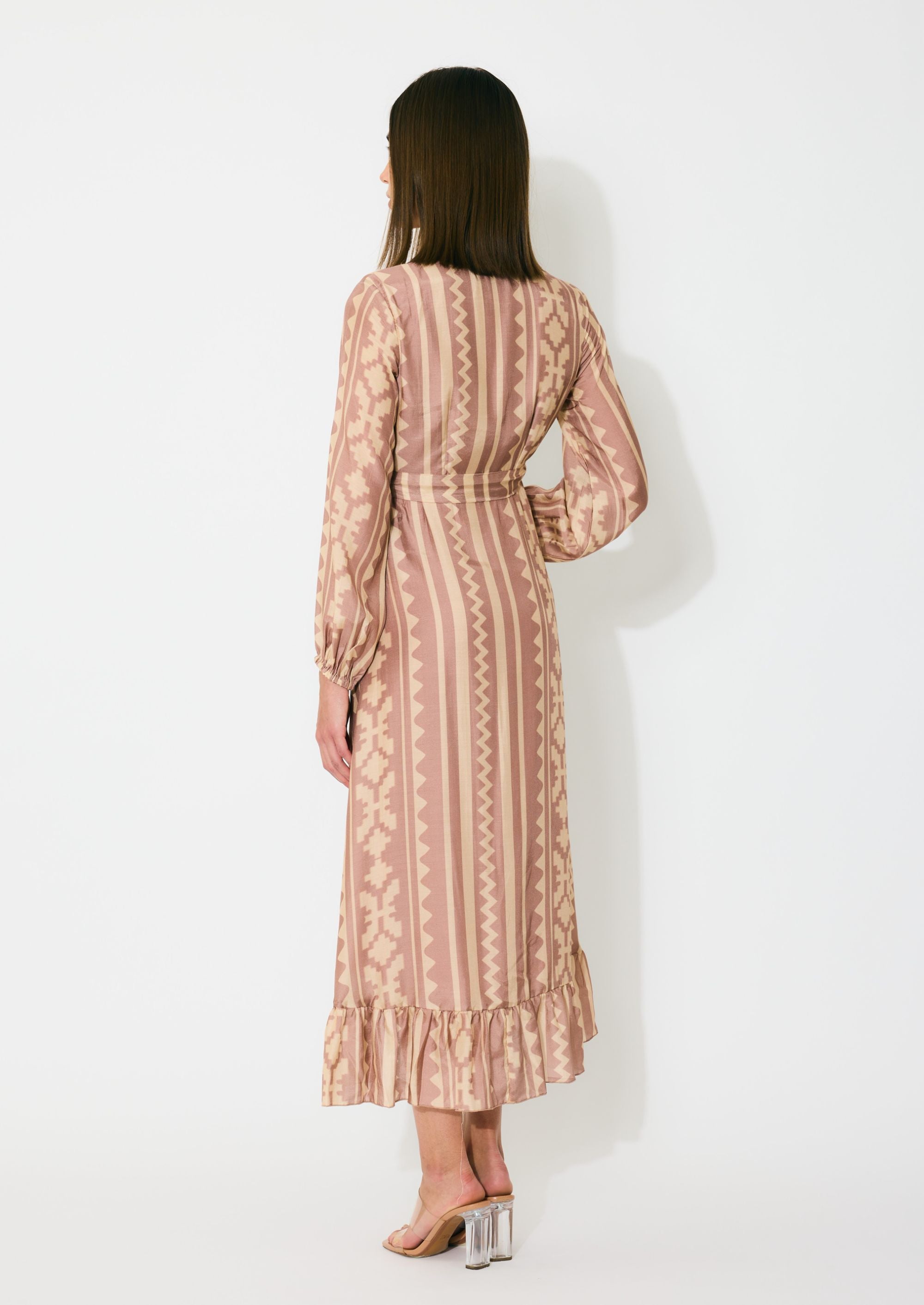 PEACH AND CREAM PATTERN WRAP DRESS