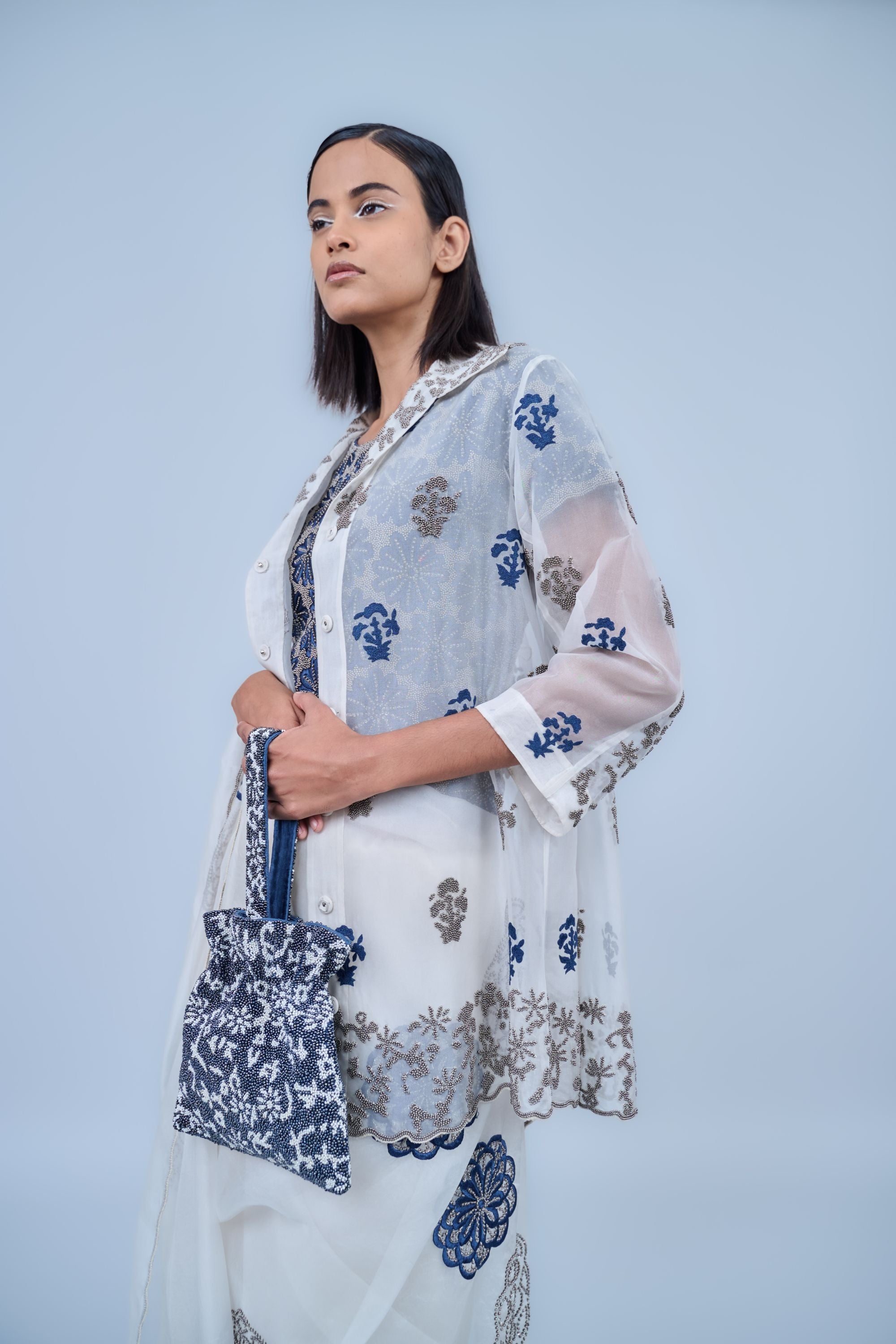 Ecru Spc Slv Silk Organza Sari