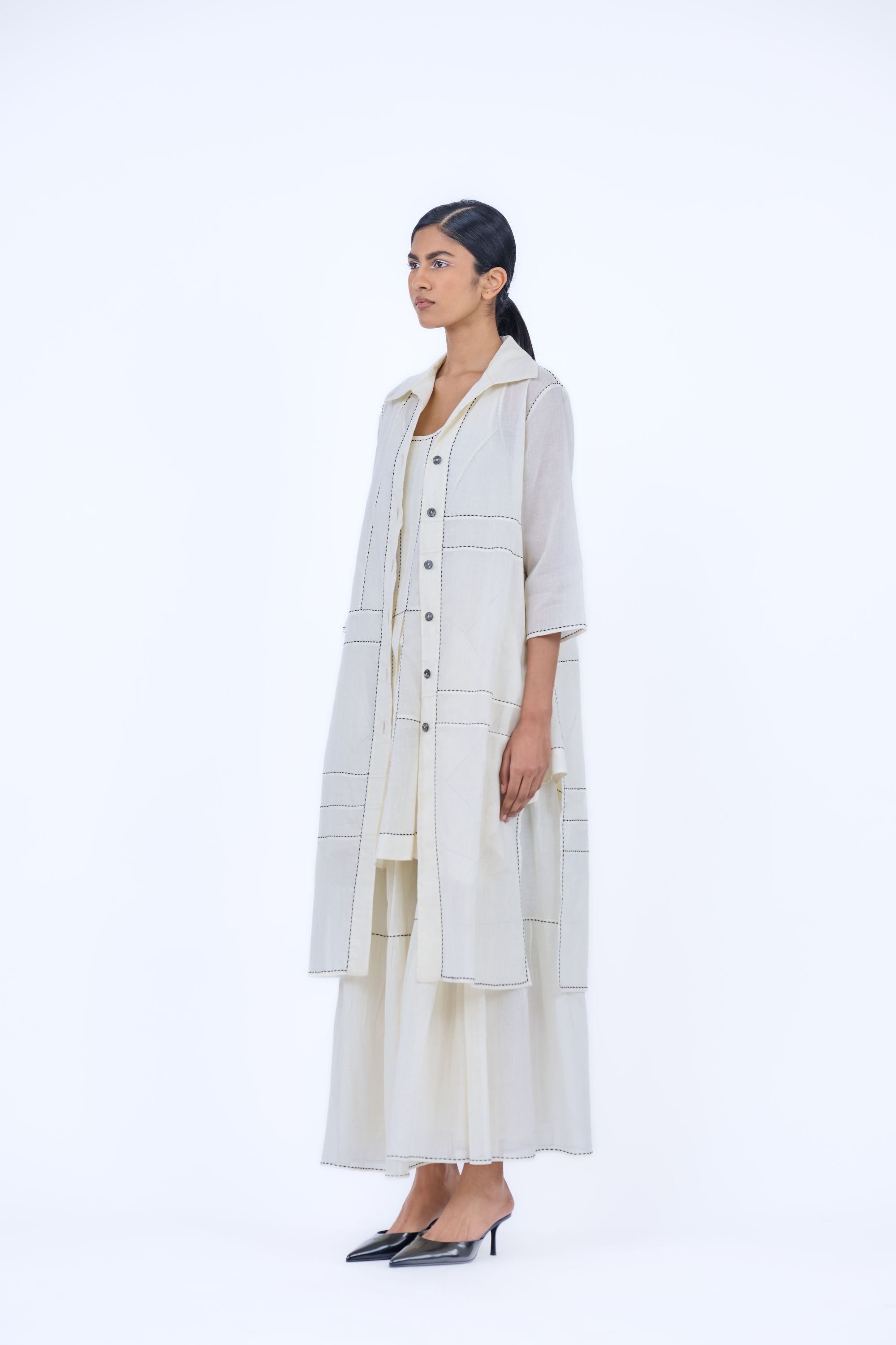 Ecru Blk Handloom Cotton Tank