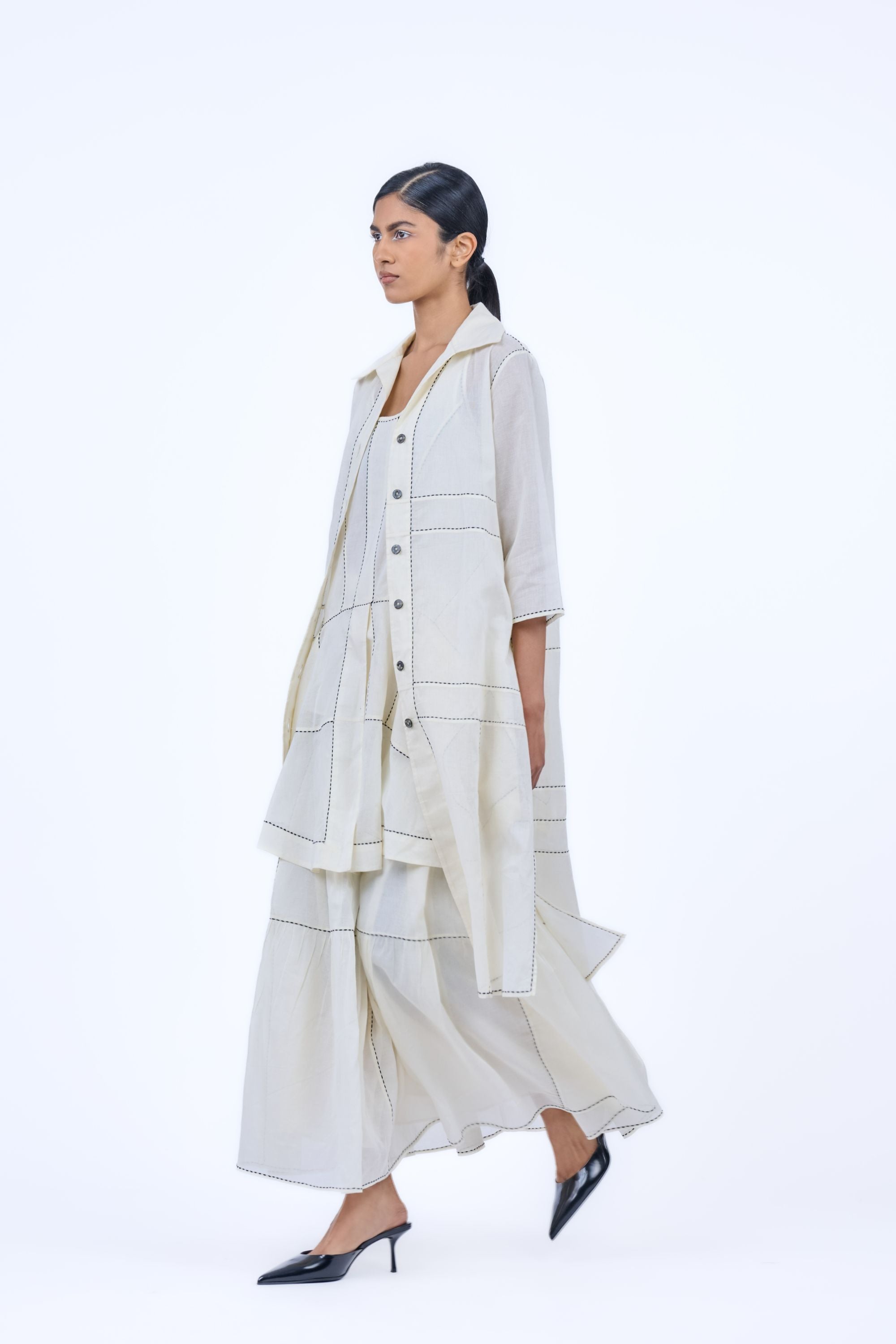 Ecru Blk Handloom Cotton Tank