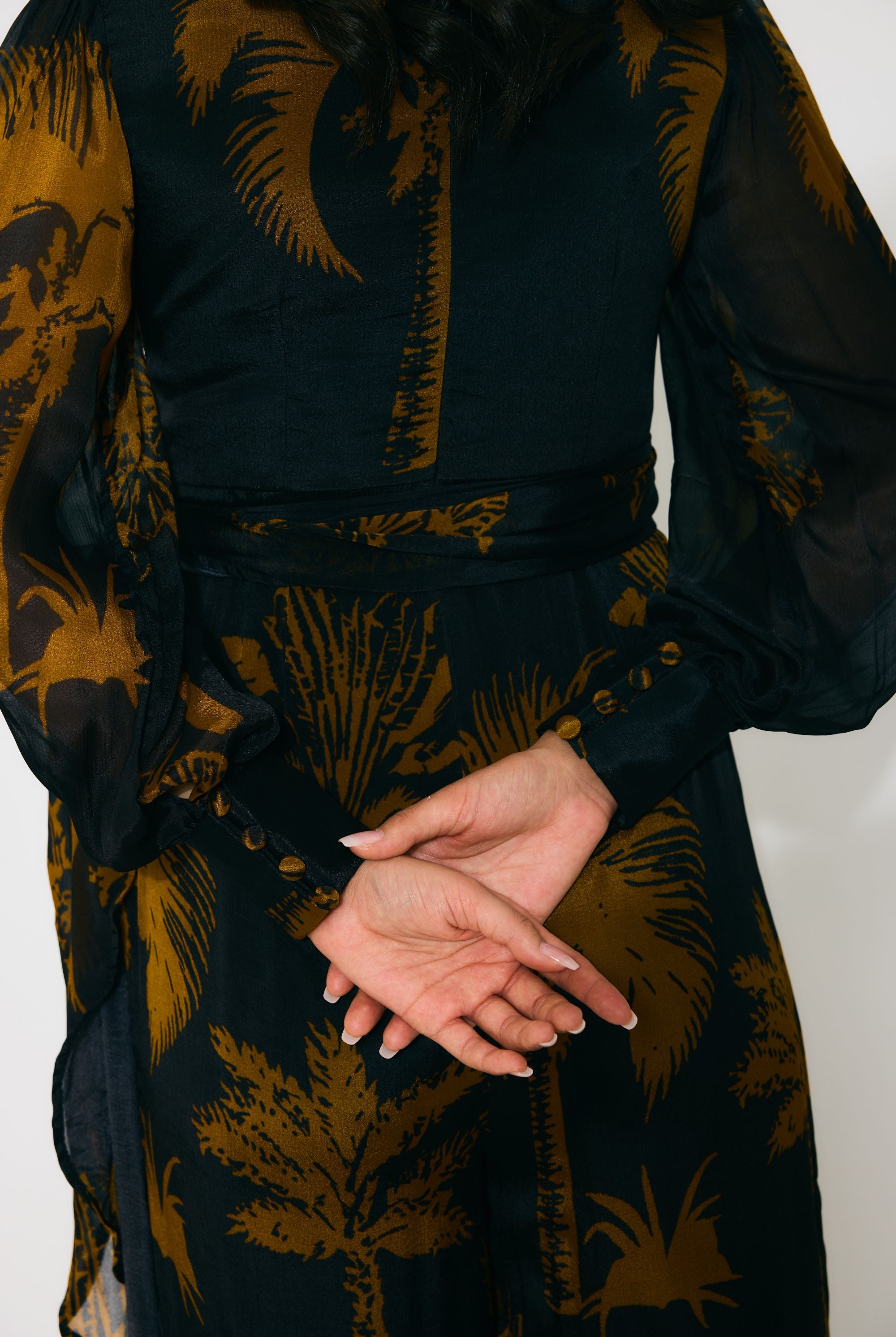 BLACK AND GOLD FLORAL WRAP JUMPSUIT