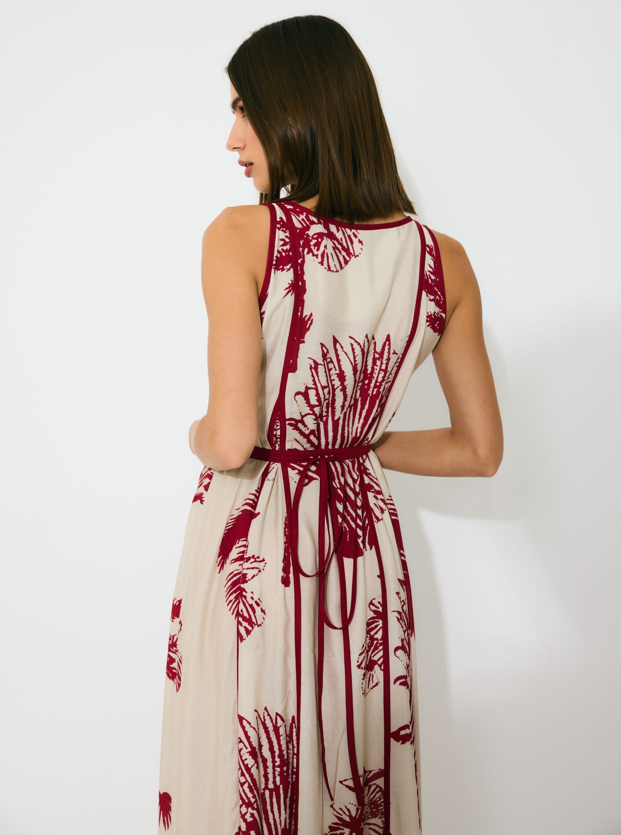 BEIGE AND RED FLORAL SLEEVELESS LONG DRESS