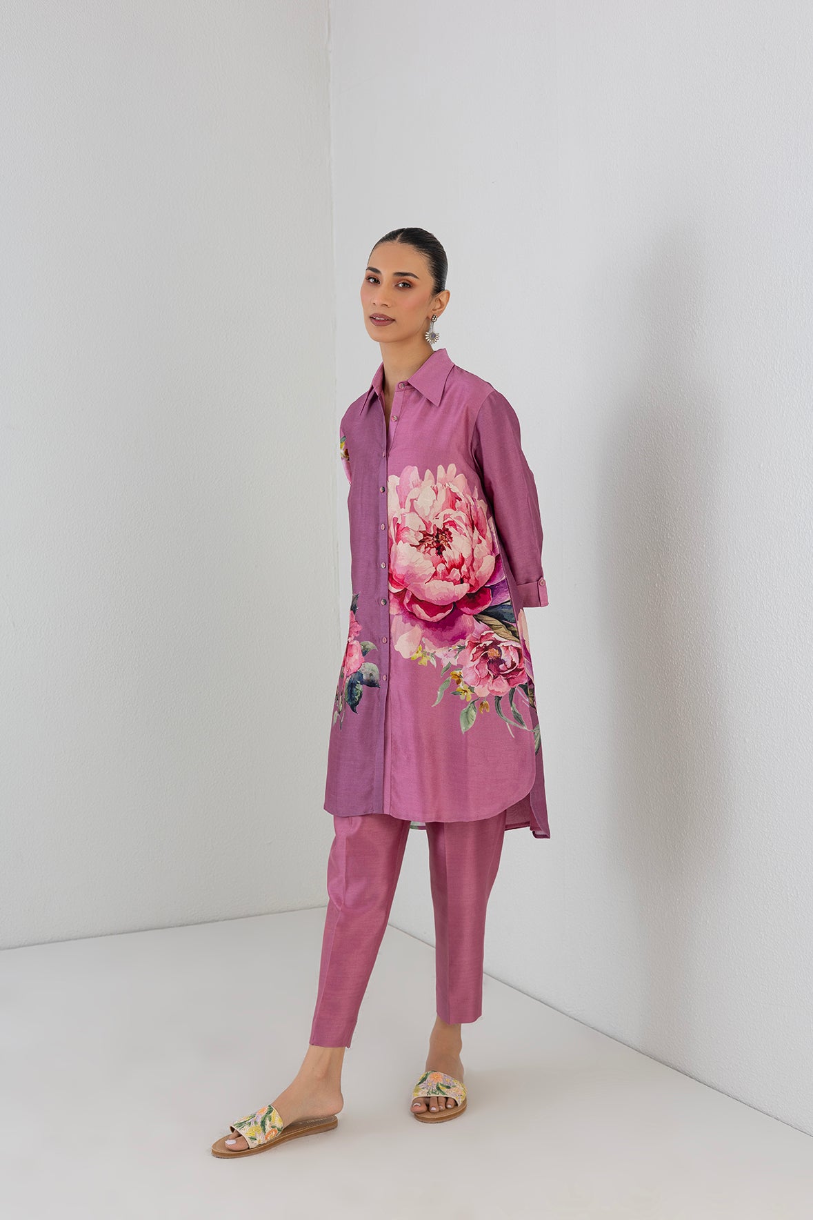 Blush Pink Dupion Peony Flower Printed Shirt