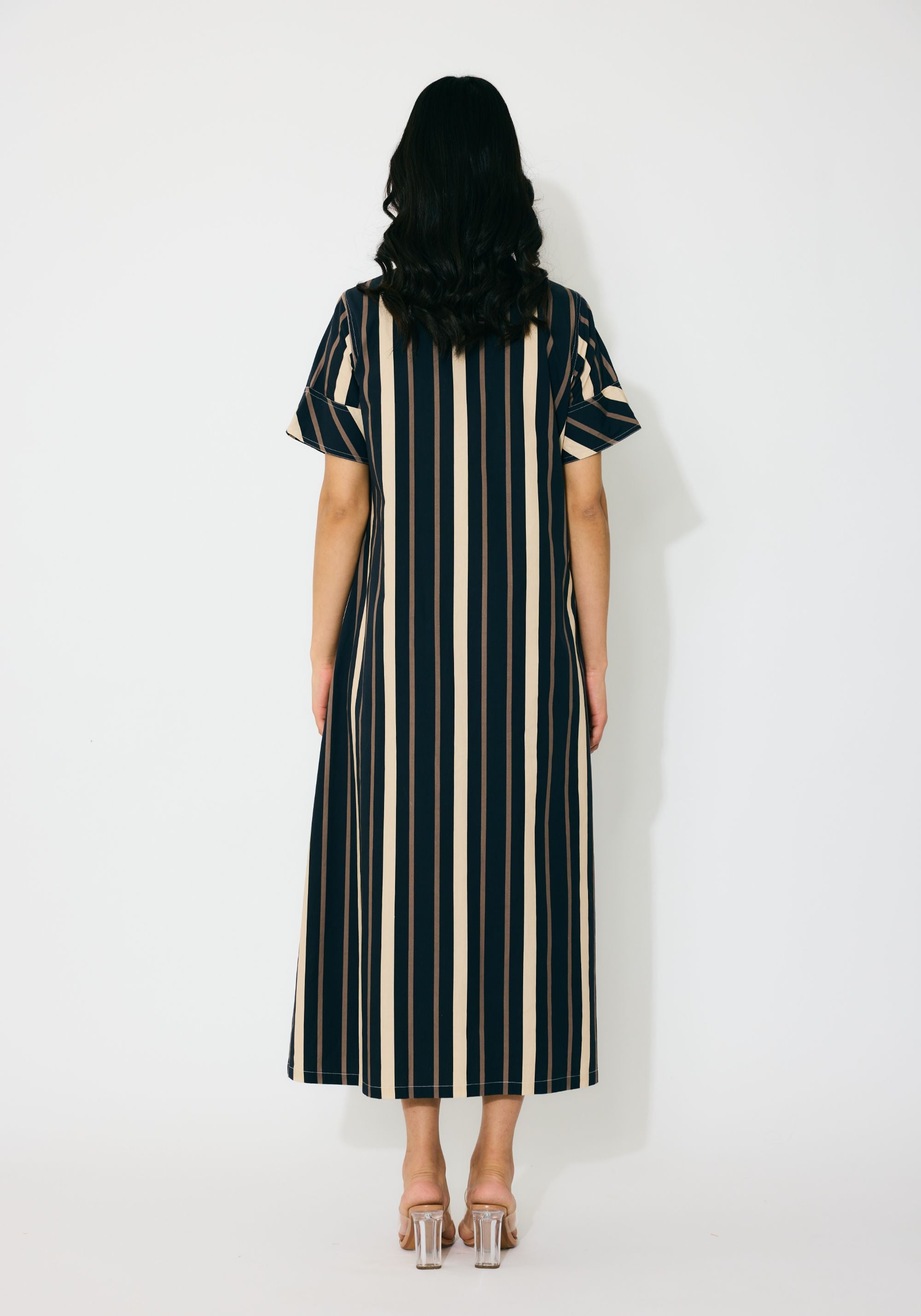 DARK BLUE AND BEIGE STRIPE SHIRT DRESS