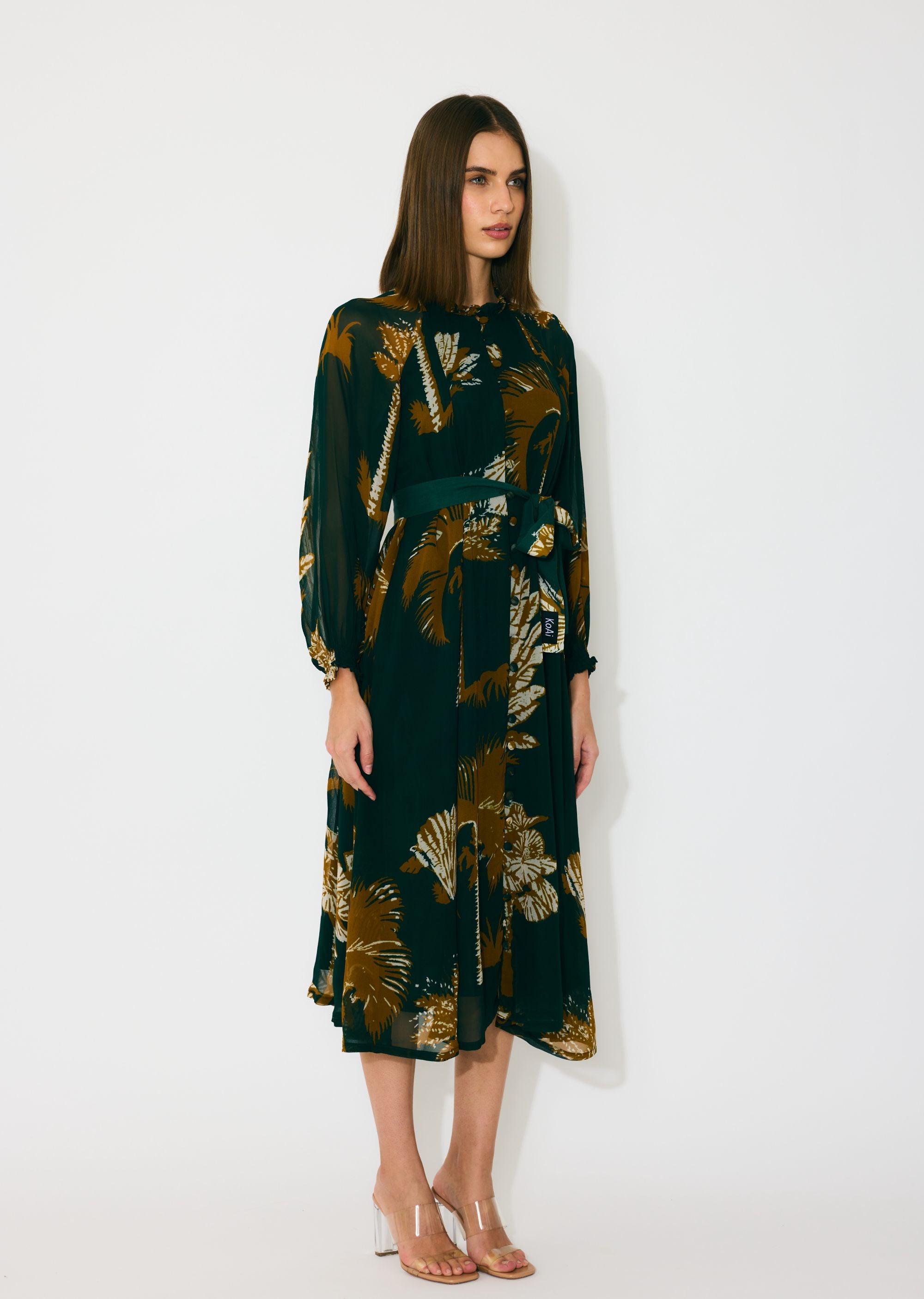 DARK GREEN AND MUSTARD FLORAL MIDI DRESS