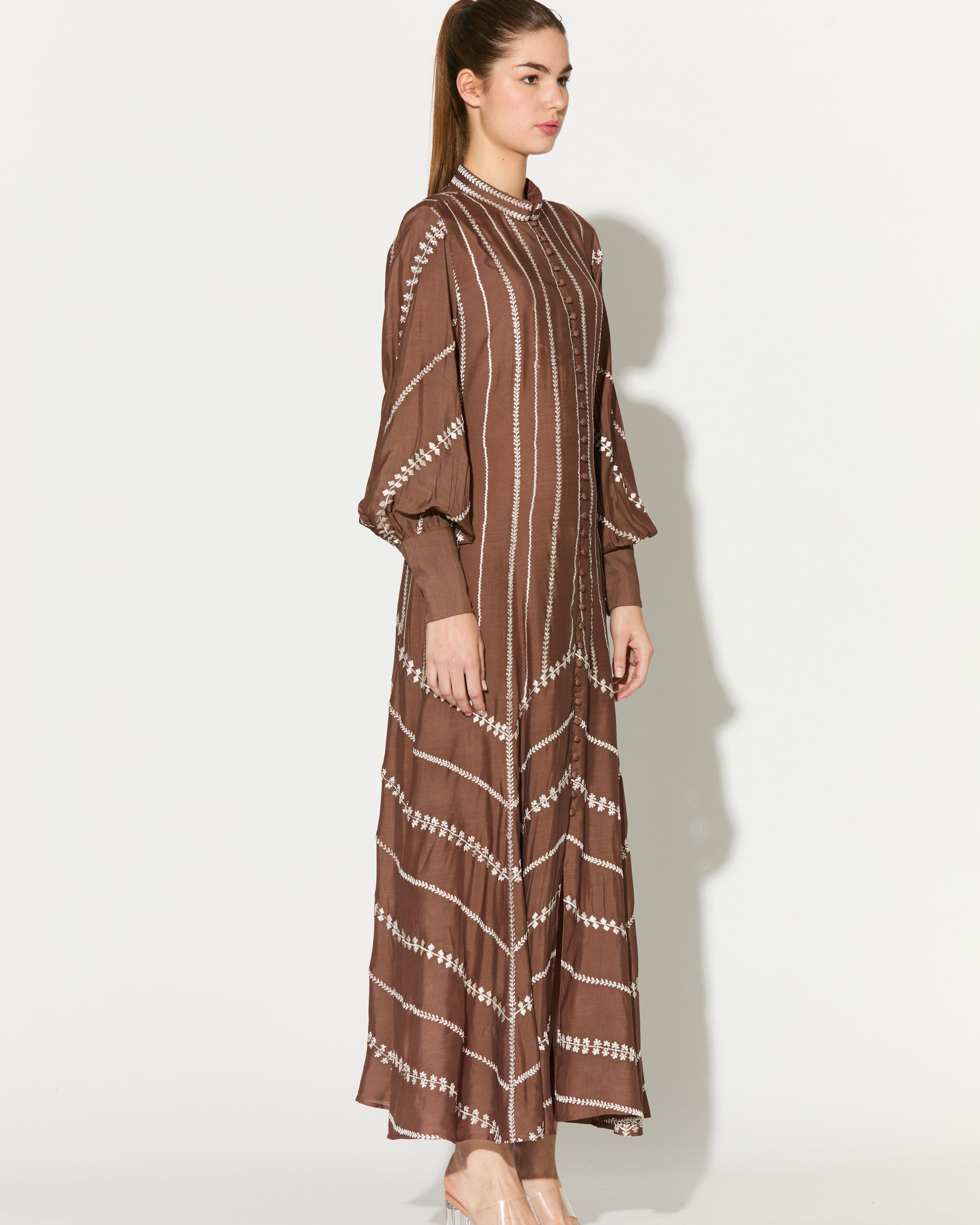 BROWN EMBROIDERED SHIRT DRESS