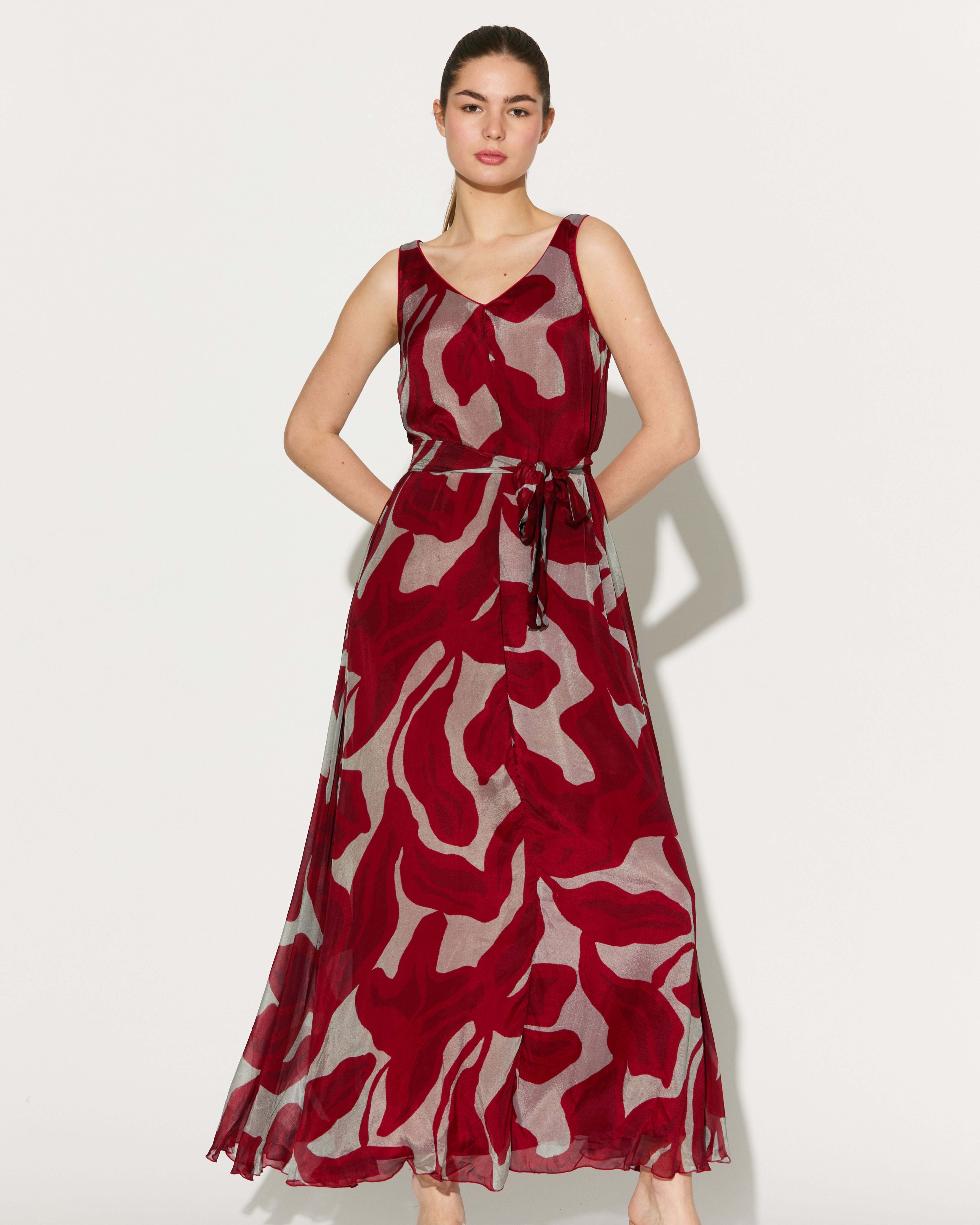 BEIGE AND HOT PINK FLORAL SLEEVELESS LONG DRESS