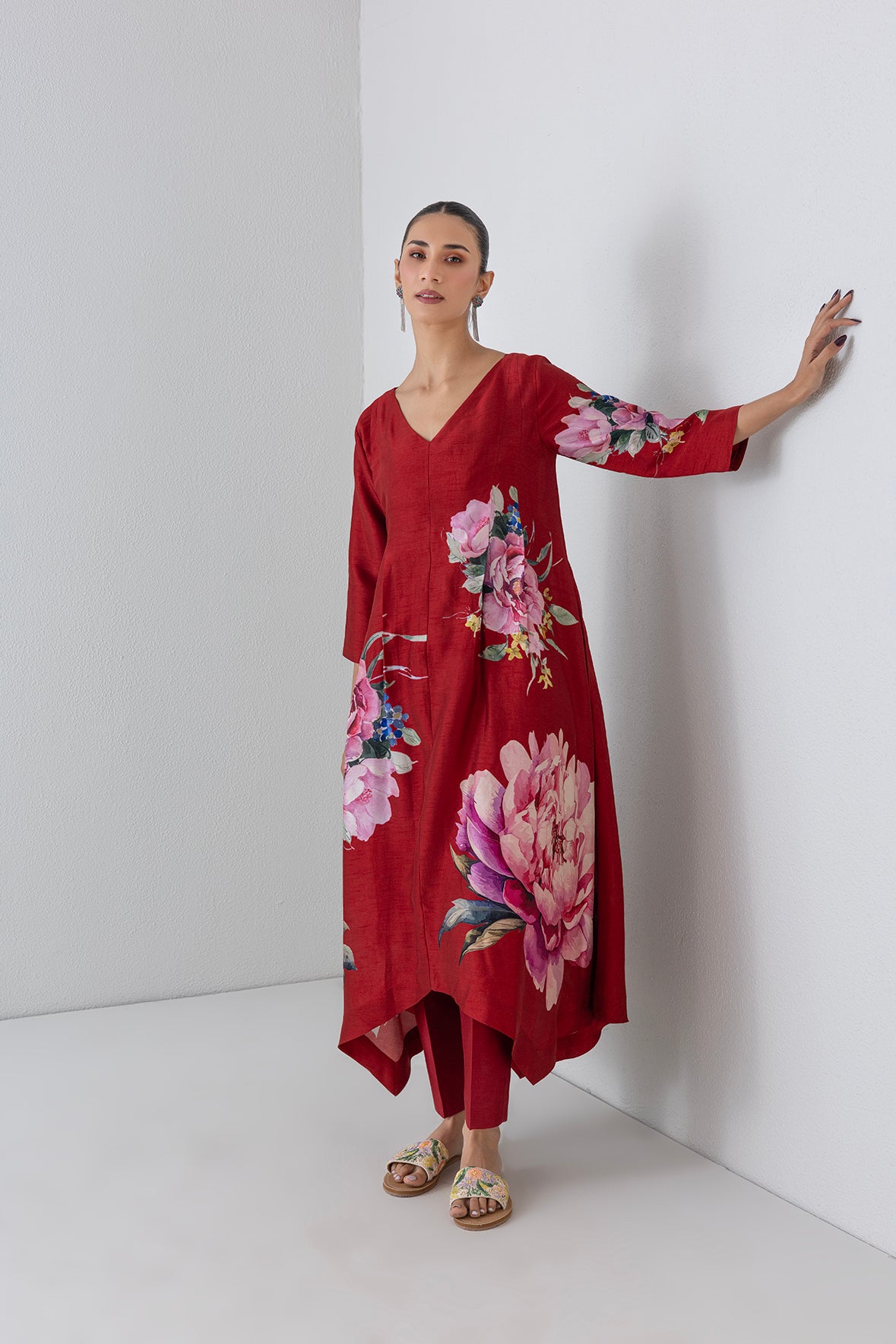 Crimson Flame Red Dupion China Rose Printed Dress