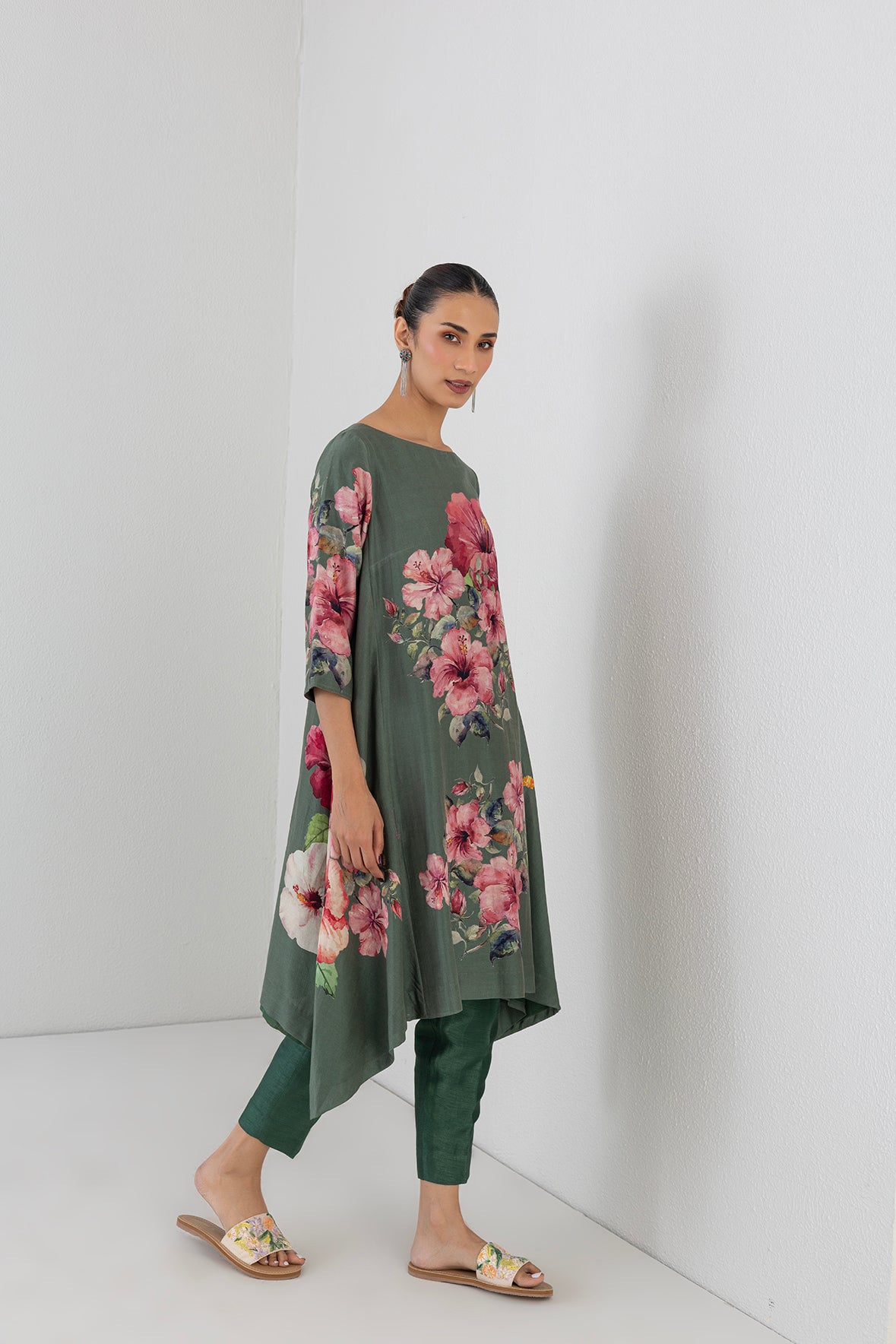 Minted Sage Silk Chanderi Hibiscus Printed Dress