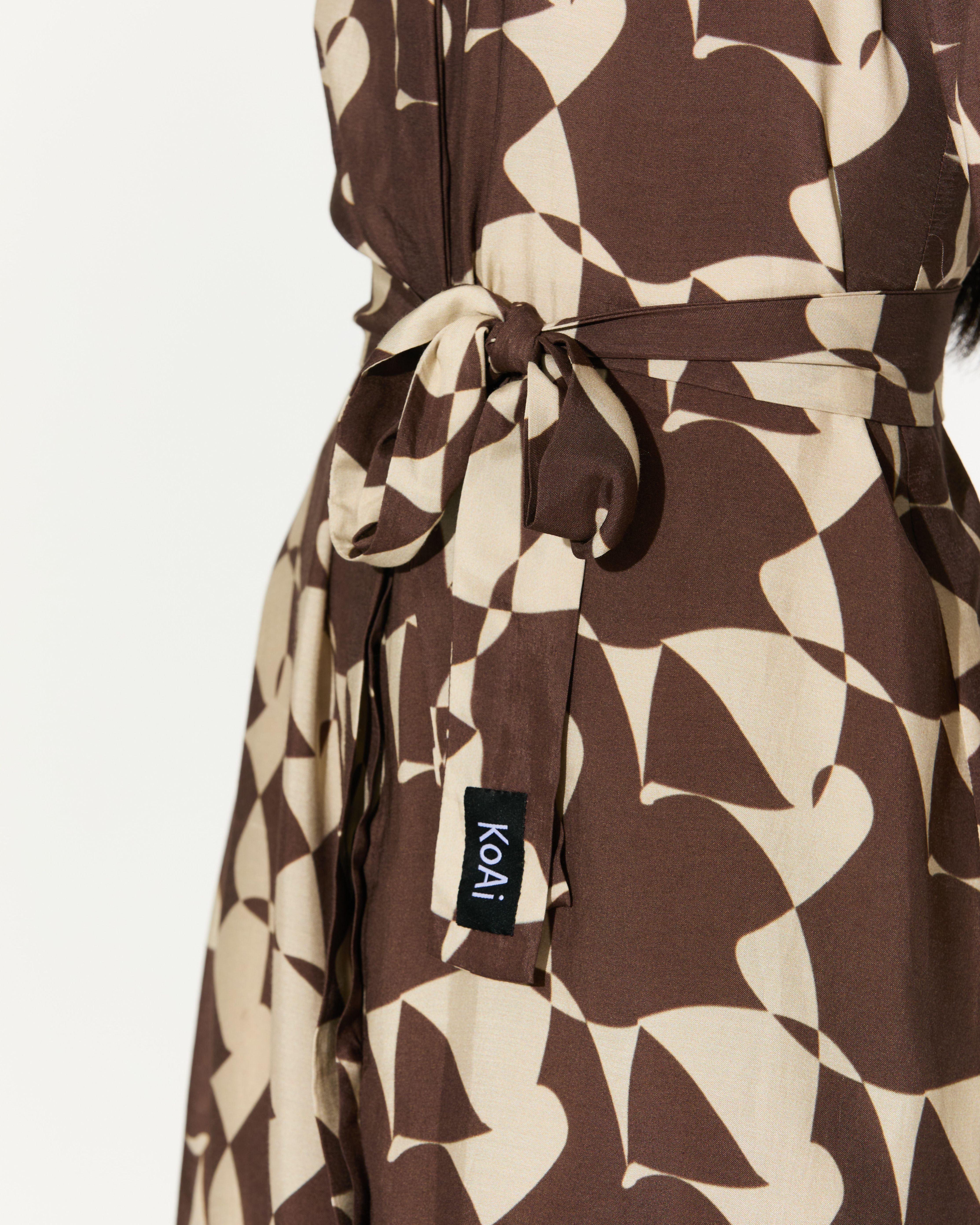 BROWN AND WHITE ABSTRACT SHIRT DRESS