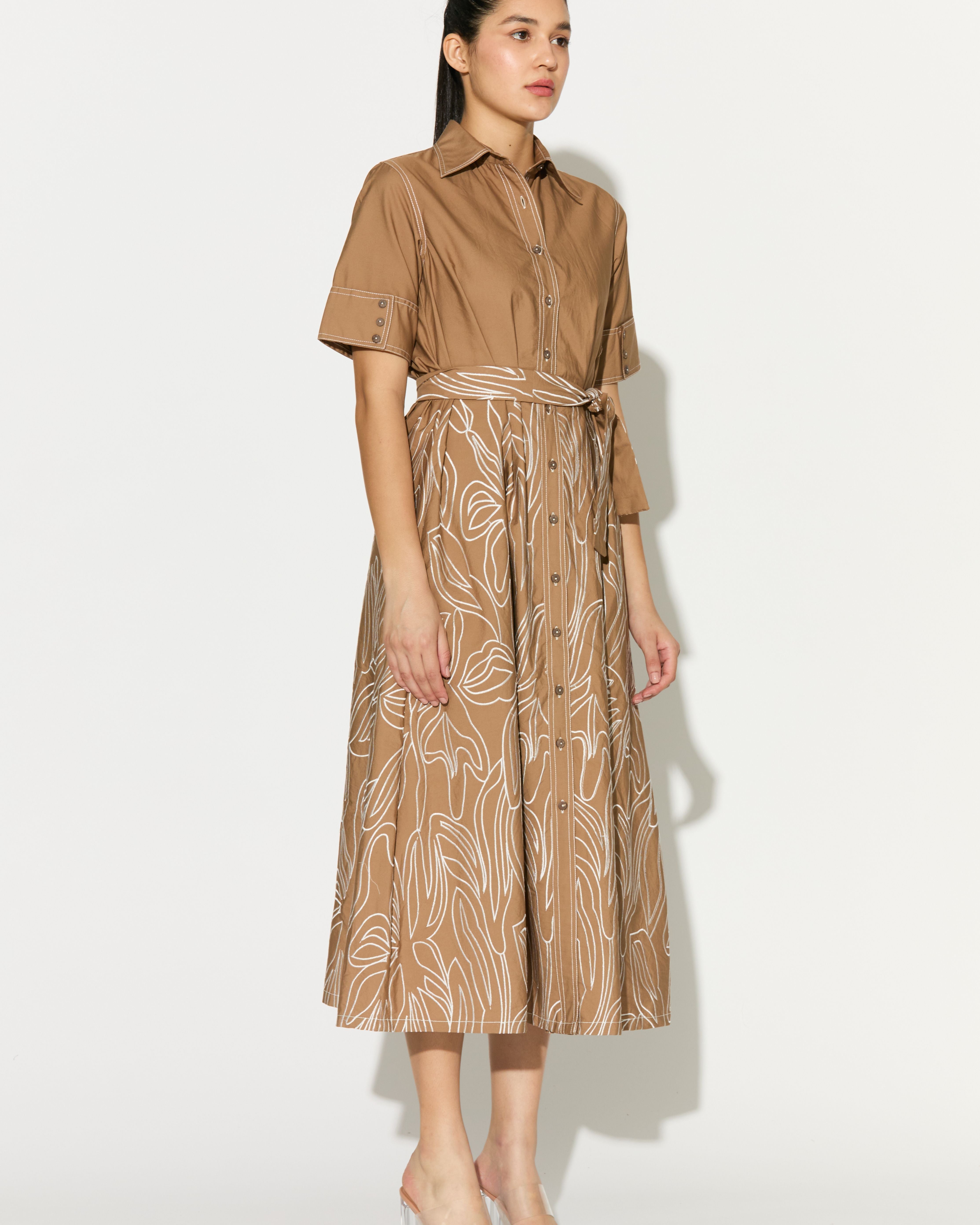 LIGHT BROWN EMBROIDERED SHIRT DRESS