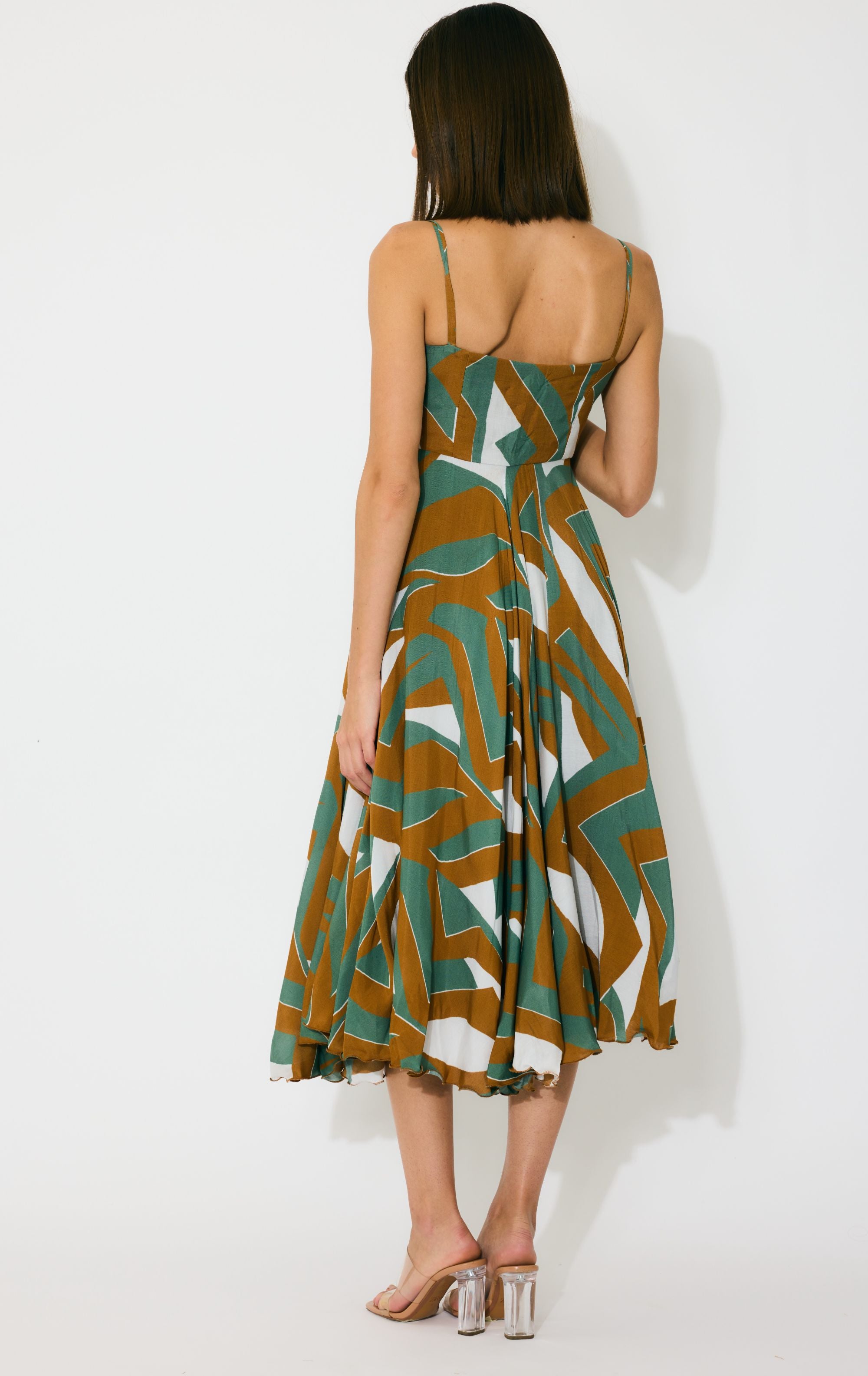 GREEN, BROWN AND CREAM PATTERN MIDI DRESS