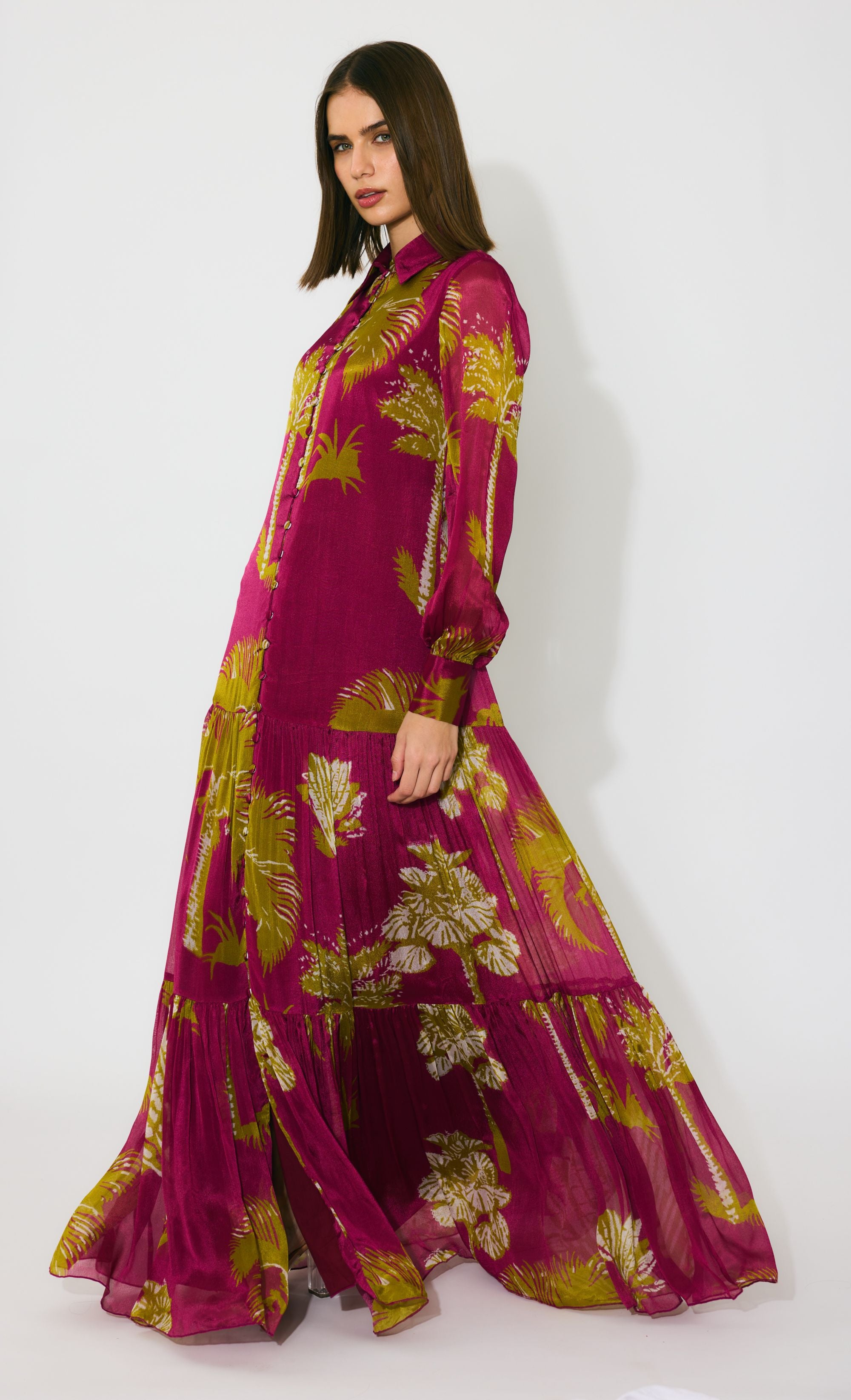 HOT PINK, MUSTARD AND WHITE FLORAL LONG DRESS