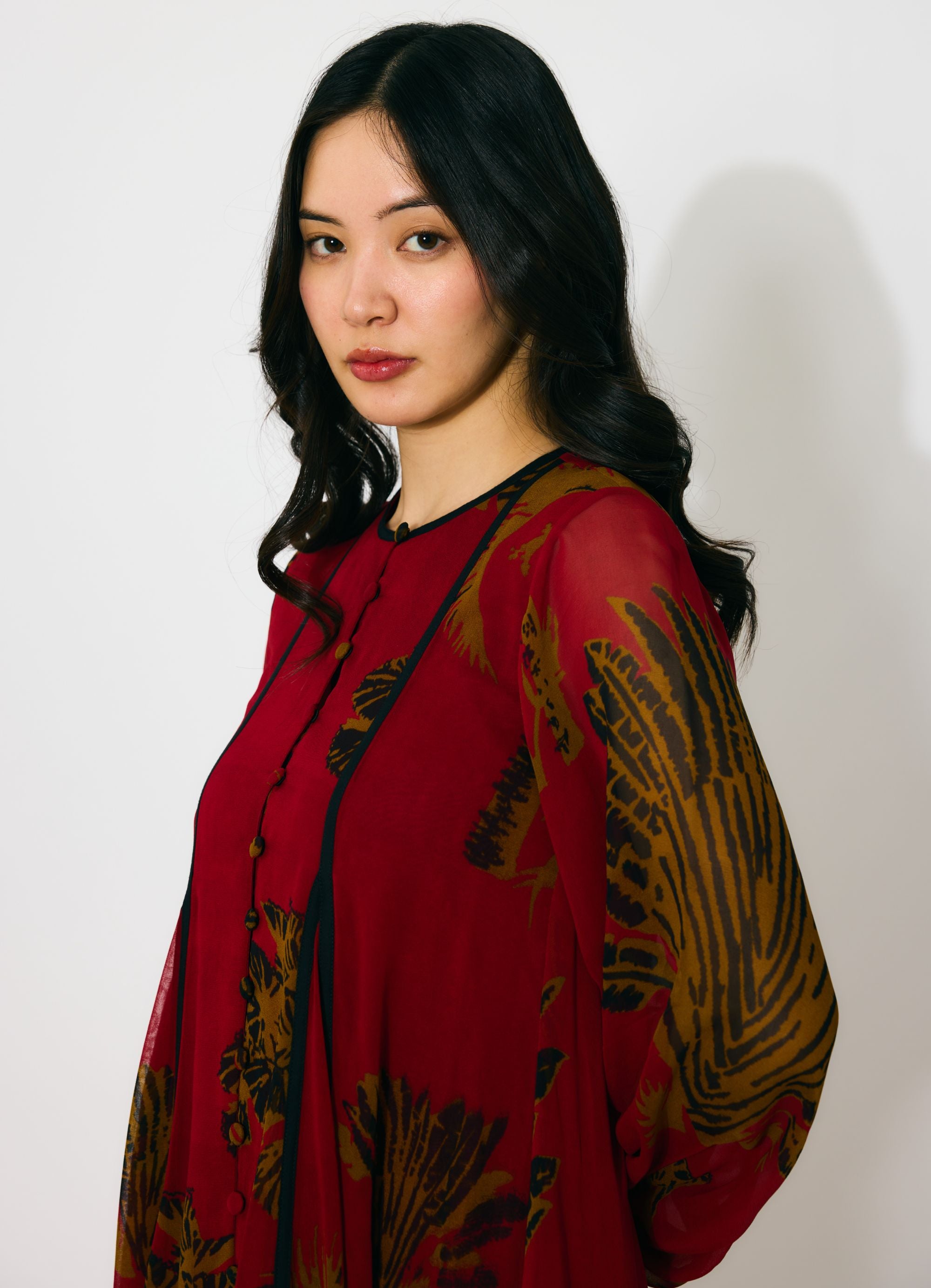 RED, MUSTARD AND BLACK FLORAL LONG SHIRT DRESS