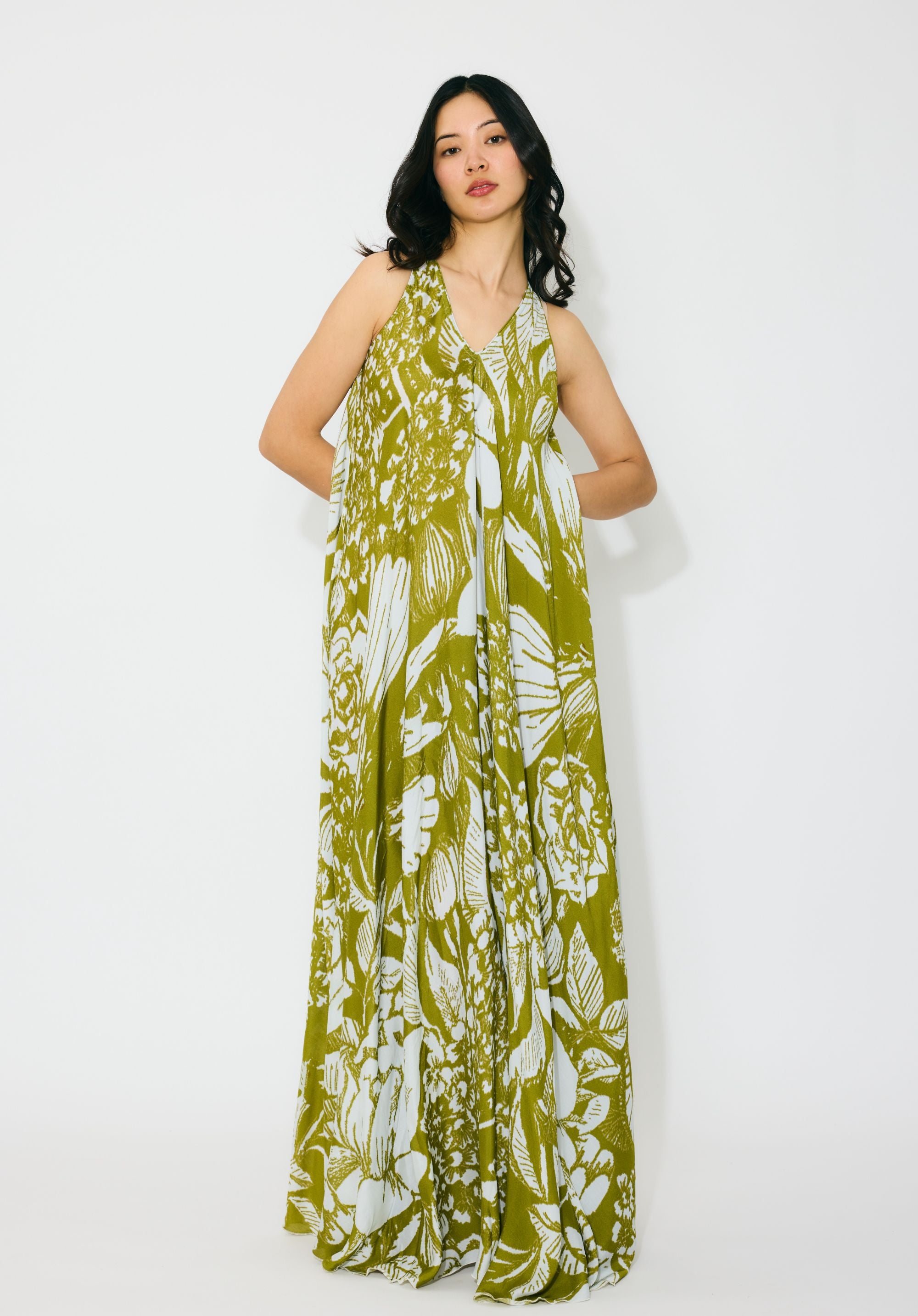LEAF GREEN AND WHITE FLORAL SLEEVELESS LONG DRESS
